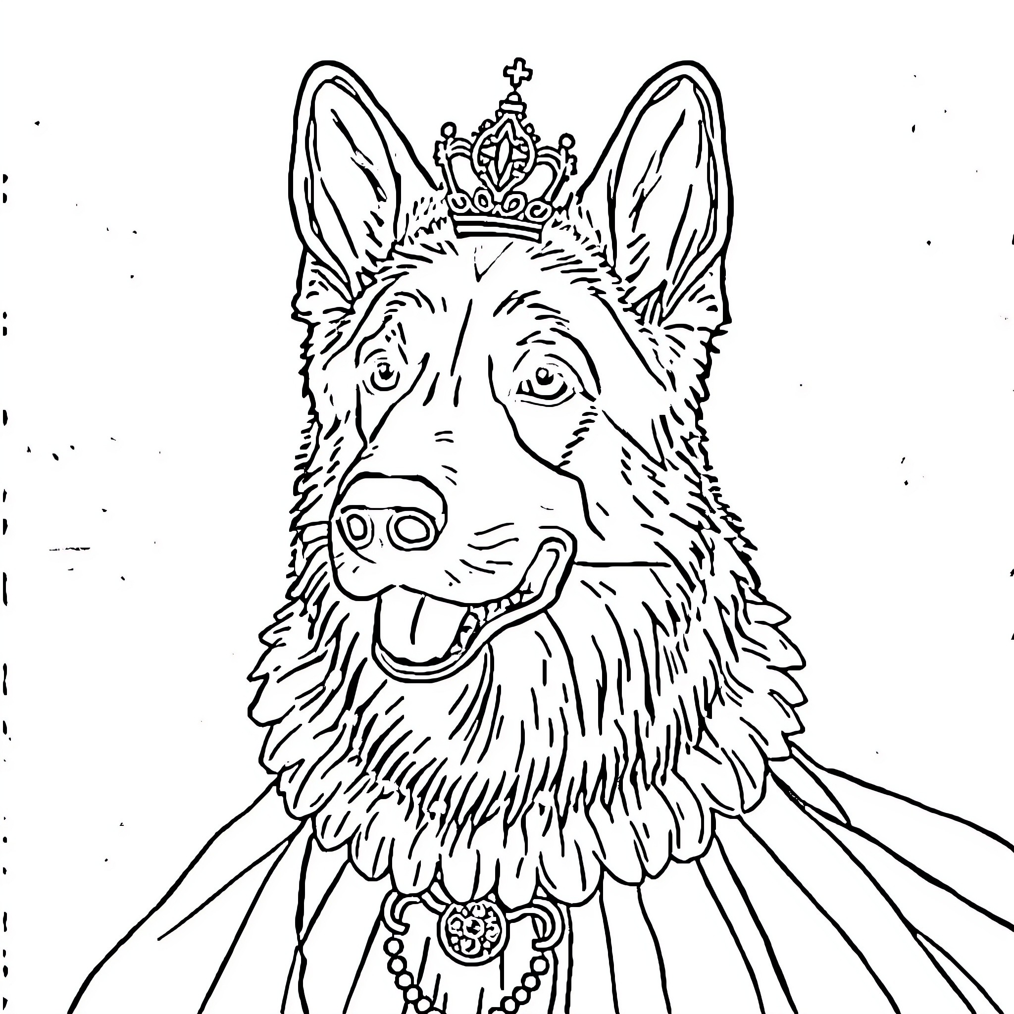 German Shepherd dog wearing a crown and regal attire Coloring Page (free black-and-white line drawing printable PDF for all, from beginners to advanced learners, including children, teens, adults, and seniors)