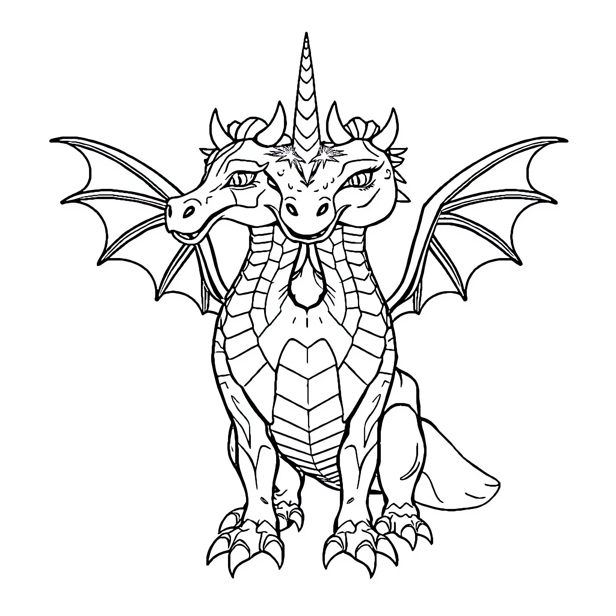 Dragon trio with majestic wings and horns Coloring Page (free black-and-white line drawing printable PDF for all, from beginners to advanced learners, including children, teens, adults, and seniors)