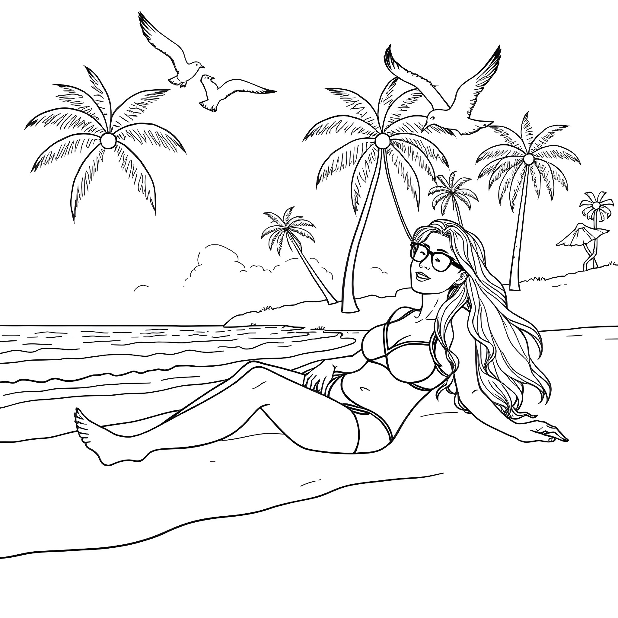 Lisa Ann relaxing on the beach under palm trees Coloring Page (free black-and-white line drawing printable PDF for all, from beginners to advanced learners, including children, teens, adults, and seniors)