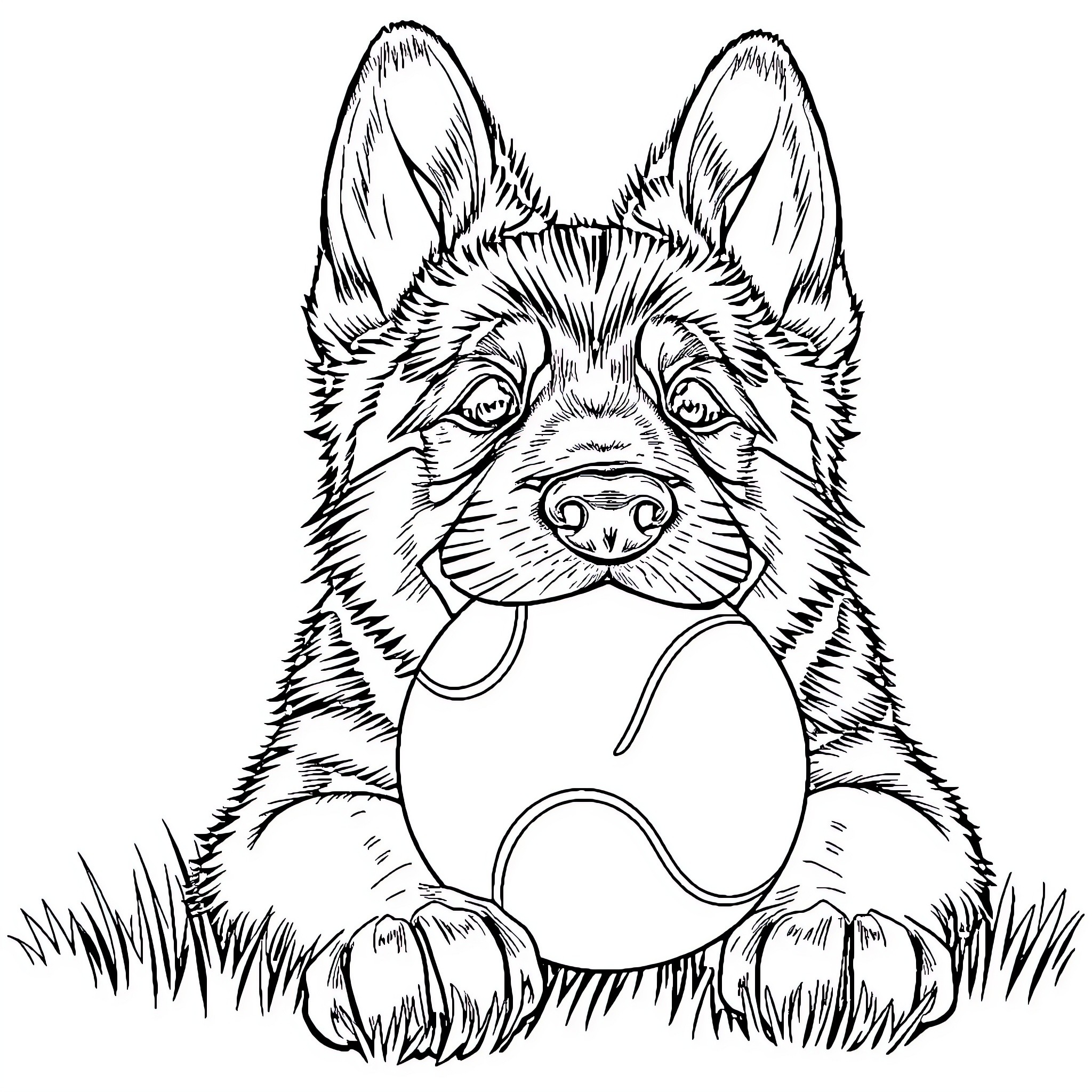 German Shepherd playing with a ball in the grass Coloring Page (free black-and-white line drawing printable PDF for all, from beginners to advanced learners, including children, teens, adults, and seniors)