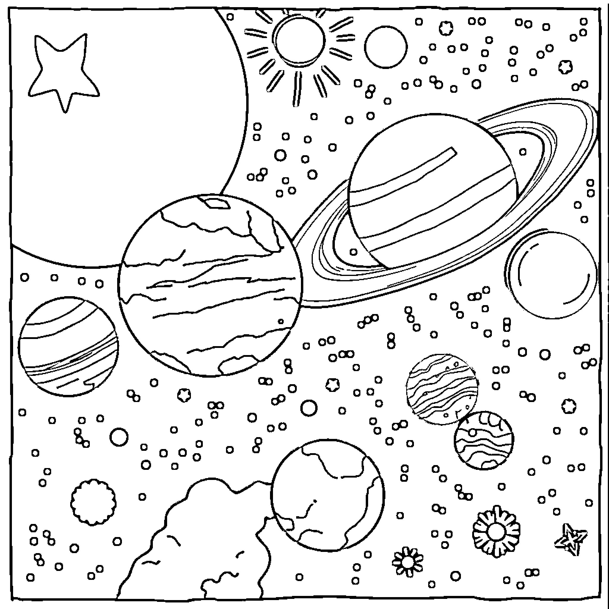 Solar System Planets and Celestial Objects Coloring Page (free black-and-white line drawing printable PDF for all, from beginners to advanced learners, including children, teens, adults, and seniors)