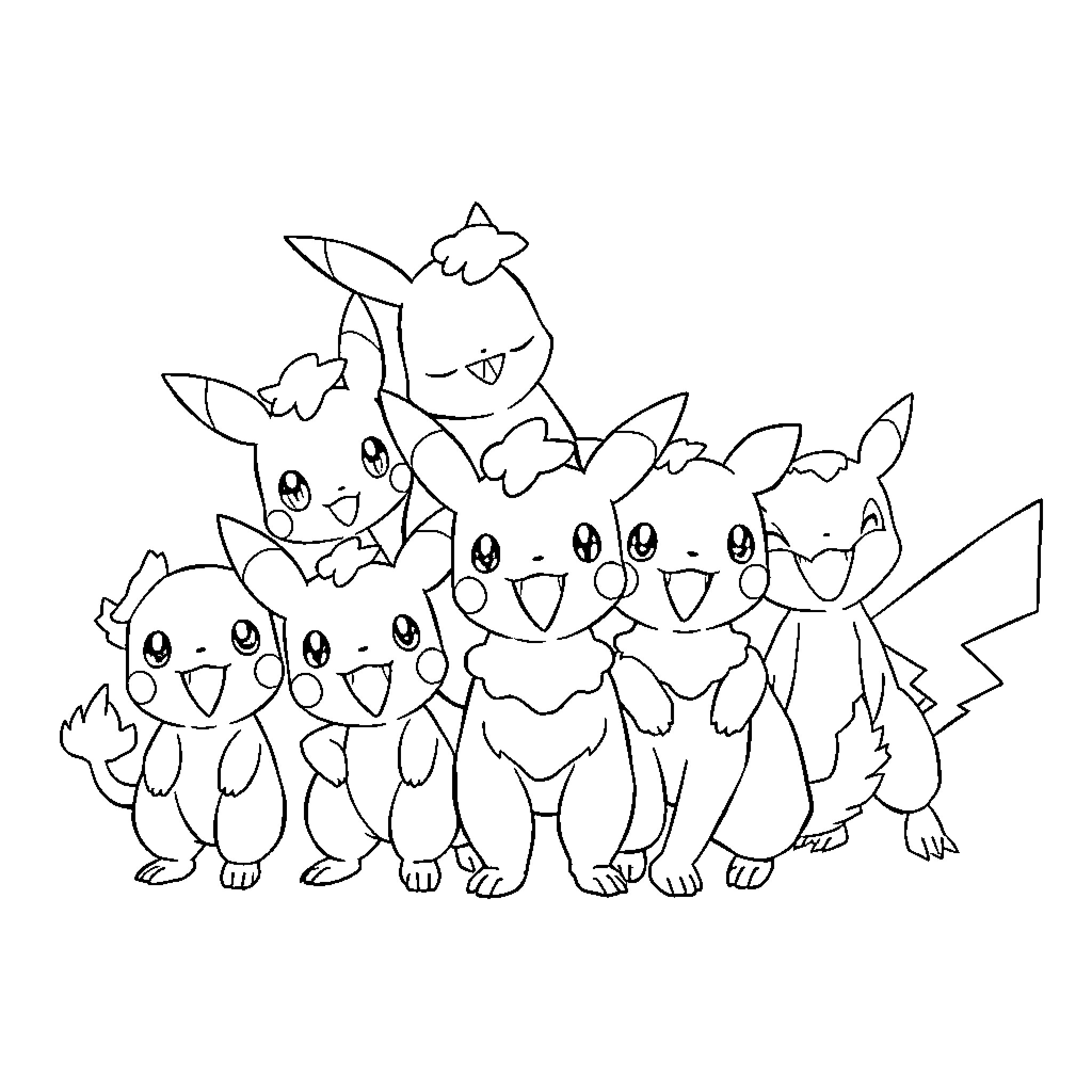 Pokémon characters in a group portrait Coloring Page (free black-and-white line drawing printable PDF for all, from beginners to advanced learners, including children, teens, adults, and seniors)