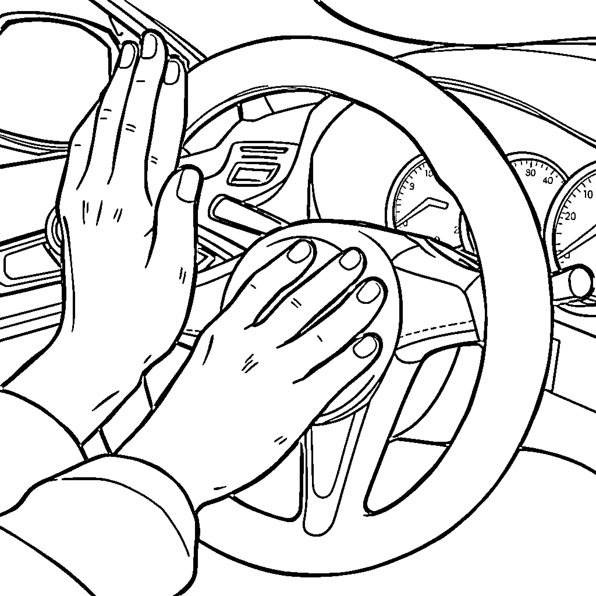 Hand controlling car steering wheel Coloring Page (free black-and-white line drawing printable PDF for all, from beginners to advanced learners, including children, teens, adults, and seniors)