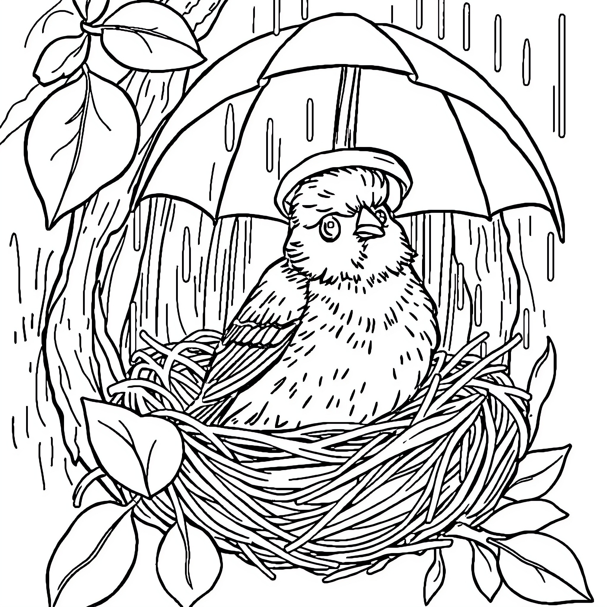 Bird sitting in nest during rainy day Coloring Page (free black-and-white line drawing printable PDF for all, from beginners to advanced learners, including children, teens, adults, and seniors)