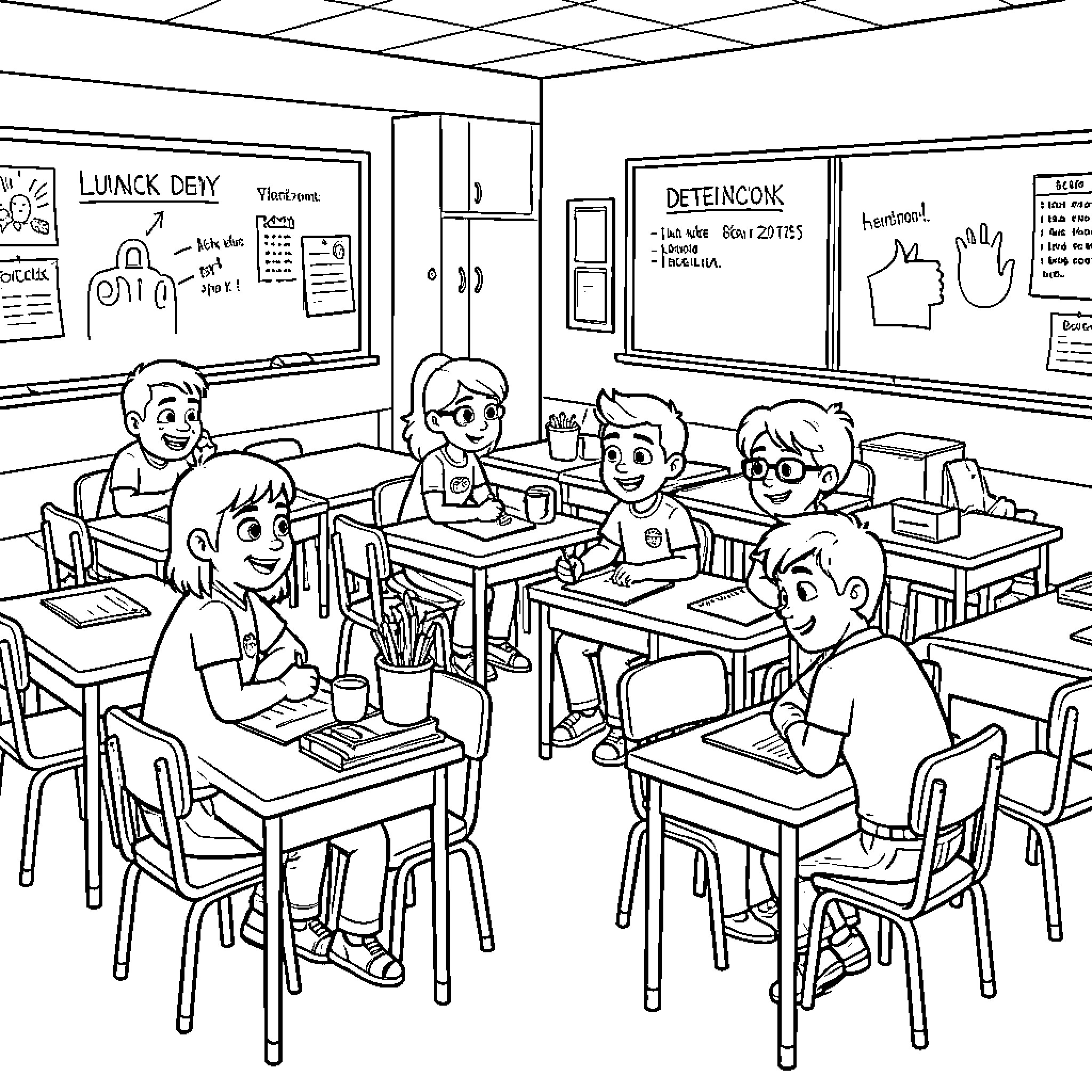 Carrying out classroom activities during a lesson Coloring Page (free black-and-white line drawing printable PDF for all, from beginners to advanced learners, including children, teens, adults, and seniors)