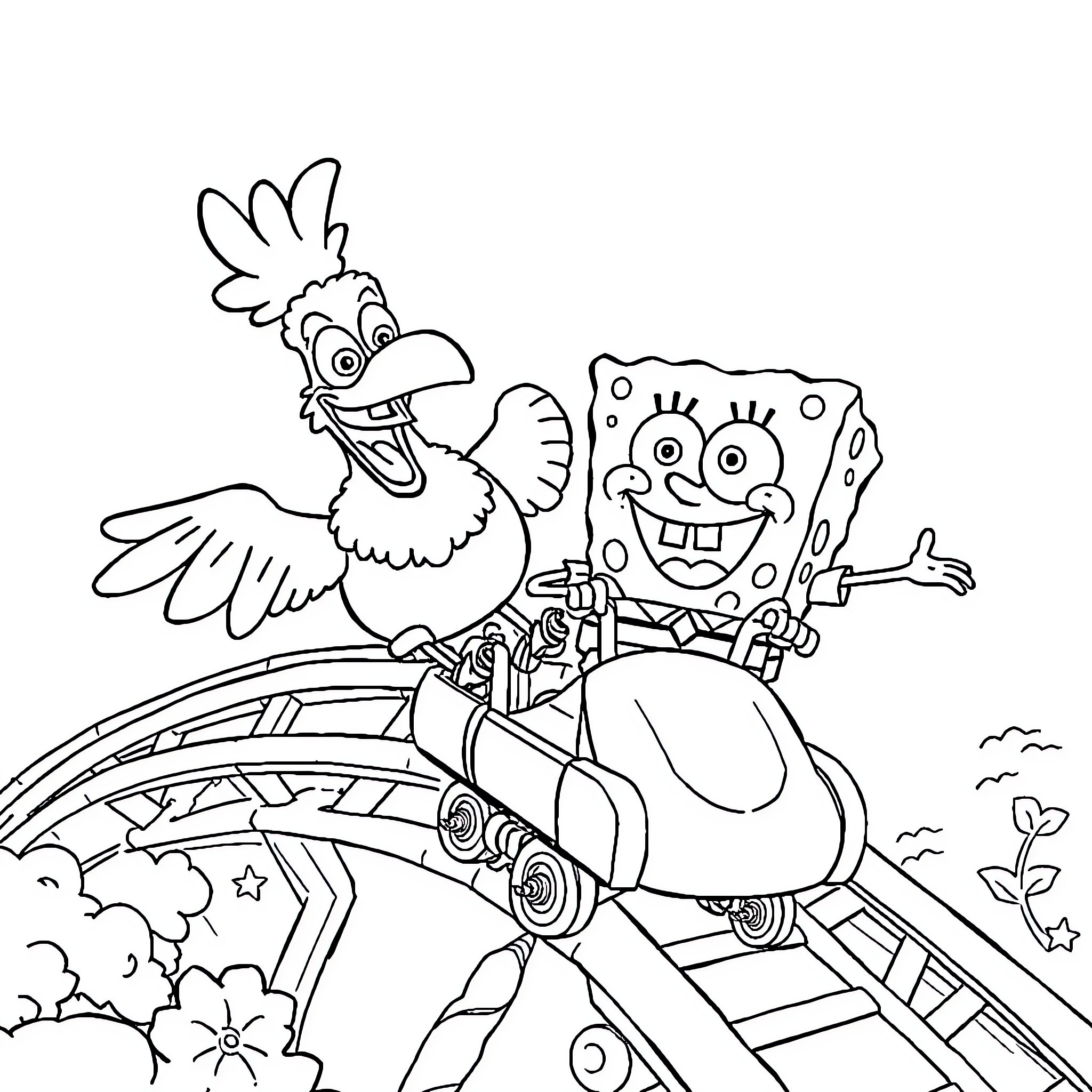 Spongebob and Patrick on a whimsical roller coaster ride Coloring Page (free black-and-white line drawing printable PDF for all, from beginners to advanced learners, including children, teens, adults, and seniors)