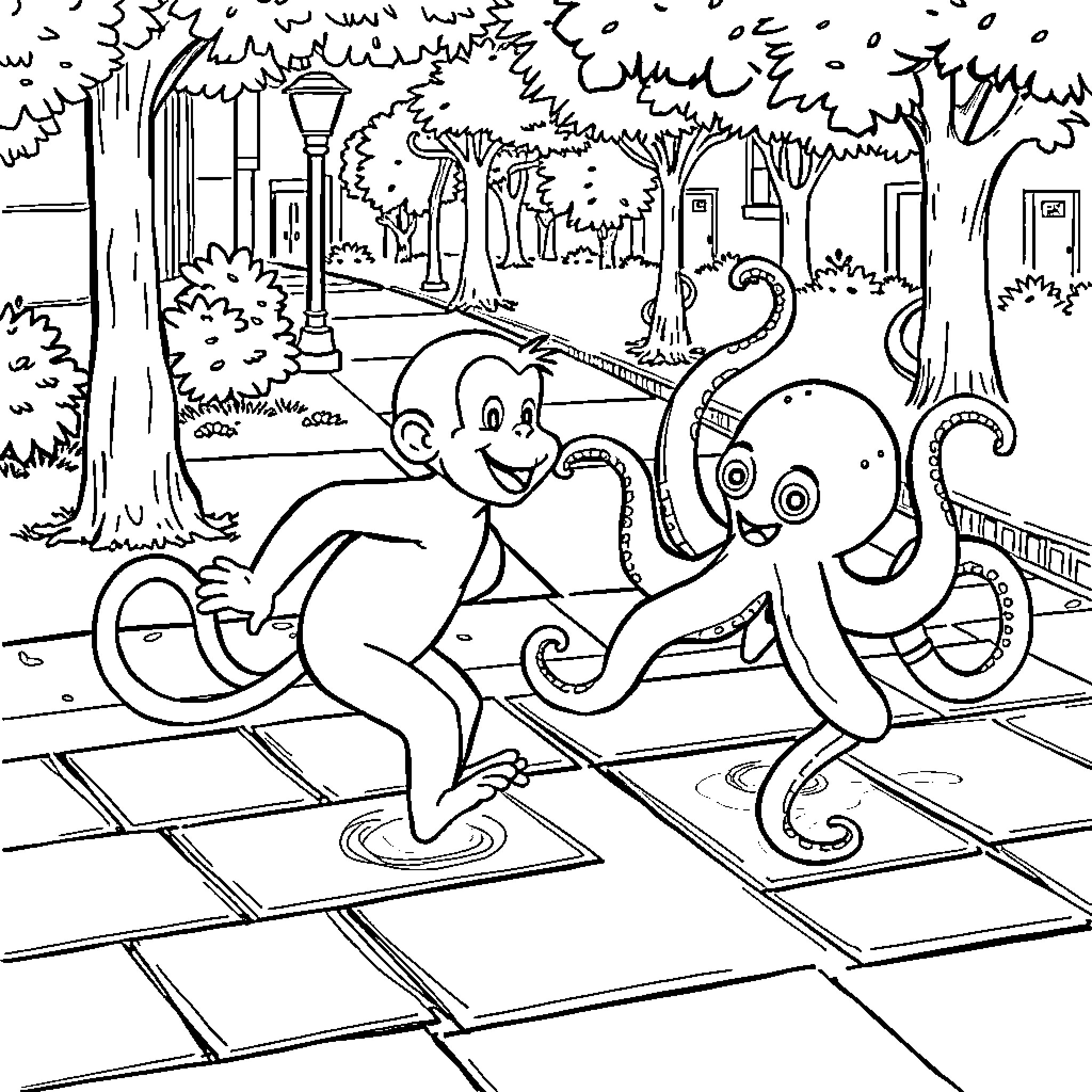 Curious George playing on the park sidewalk Coloring Page (free black-and-white line drawing printable PDF for all, from beginners to advanced learners, including children, teens, adults, and seniors)