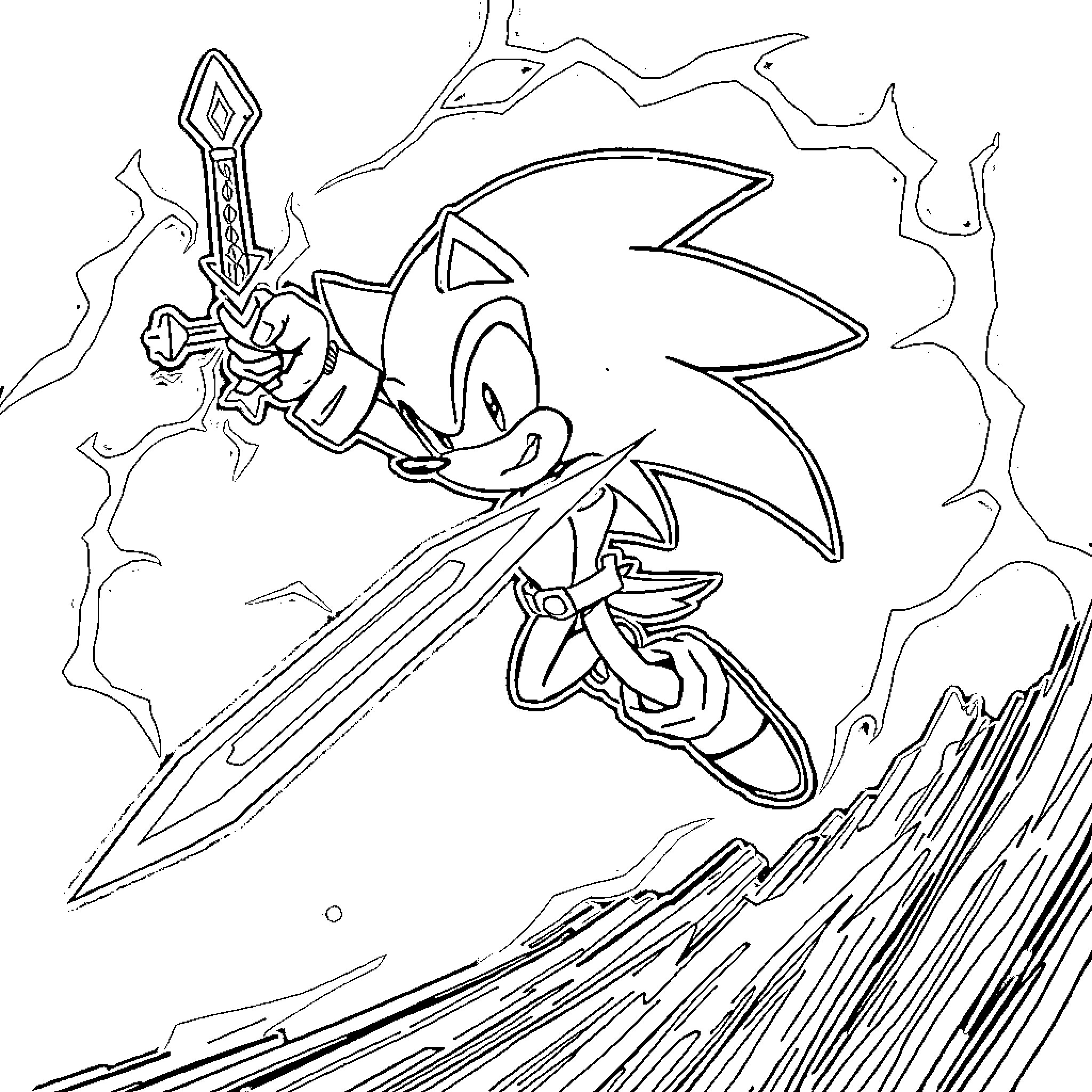 Sonic's Adventurous Dash with Sword Coloring Page (free black-and-white line drawing printable PDF for all, from beginners to advanced learners, including children, teens, adults, and seniors)