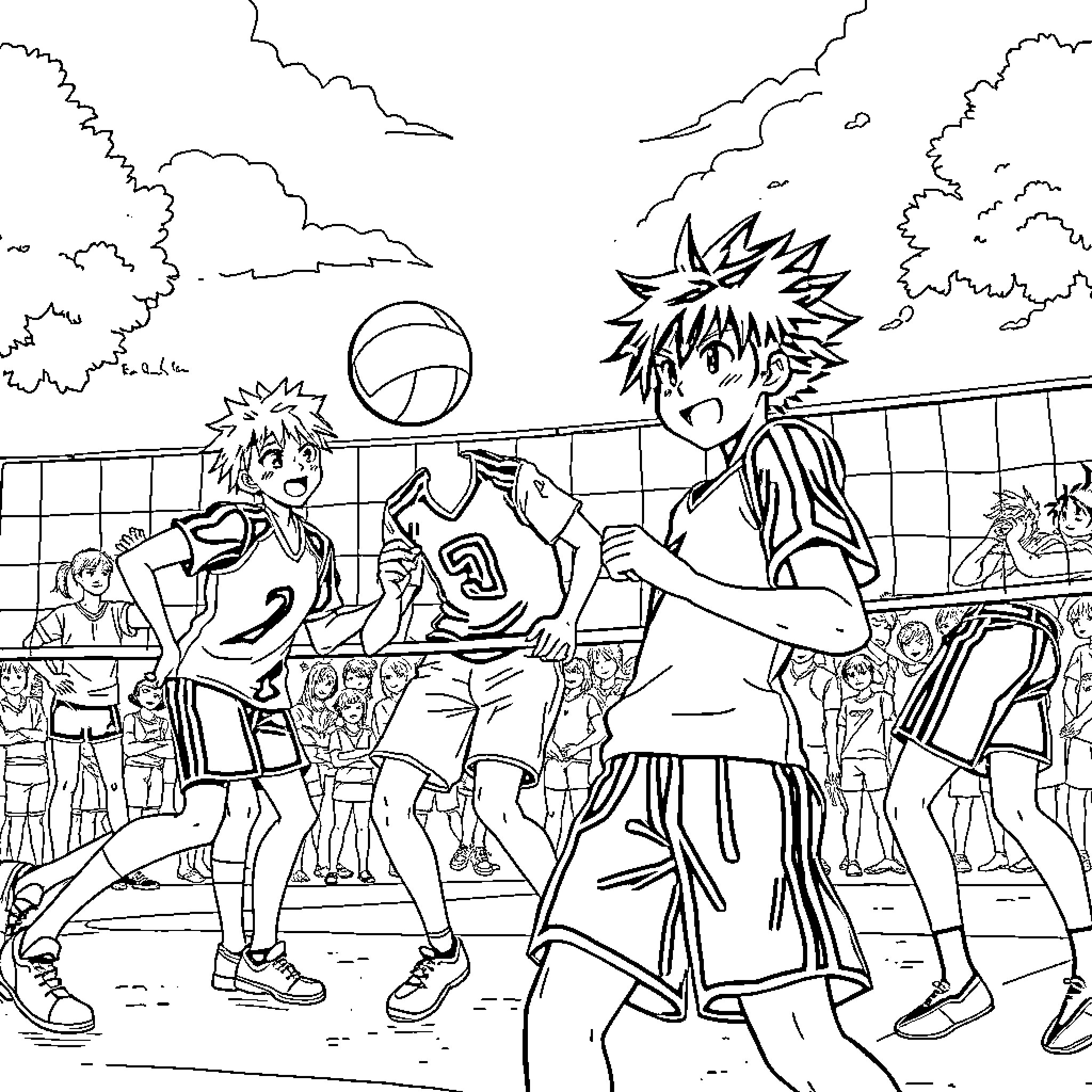 Haikyuu Characters Engaged in Intense Volleyball Match Coloring Page (free black-and-white line drawing printable PDF for all, from beginners to advanced learners, including children, teens, adults, and seniors)