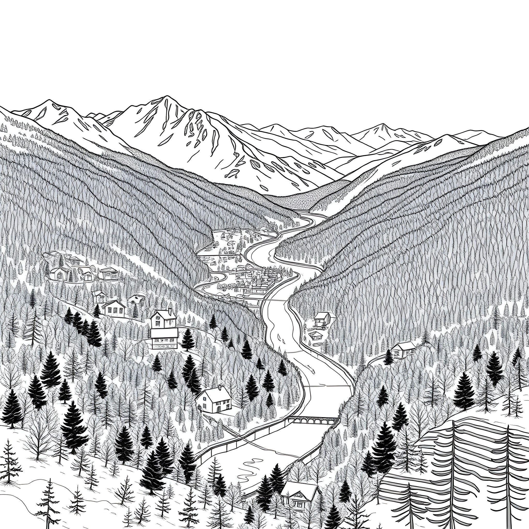 West Virginia mountain town in snowy landscape Coloring Page (free black-and-white line drawing printable PDF for all, from beginners to advanced learners, including children, teens, adults, and seniors)