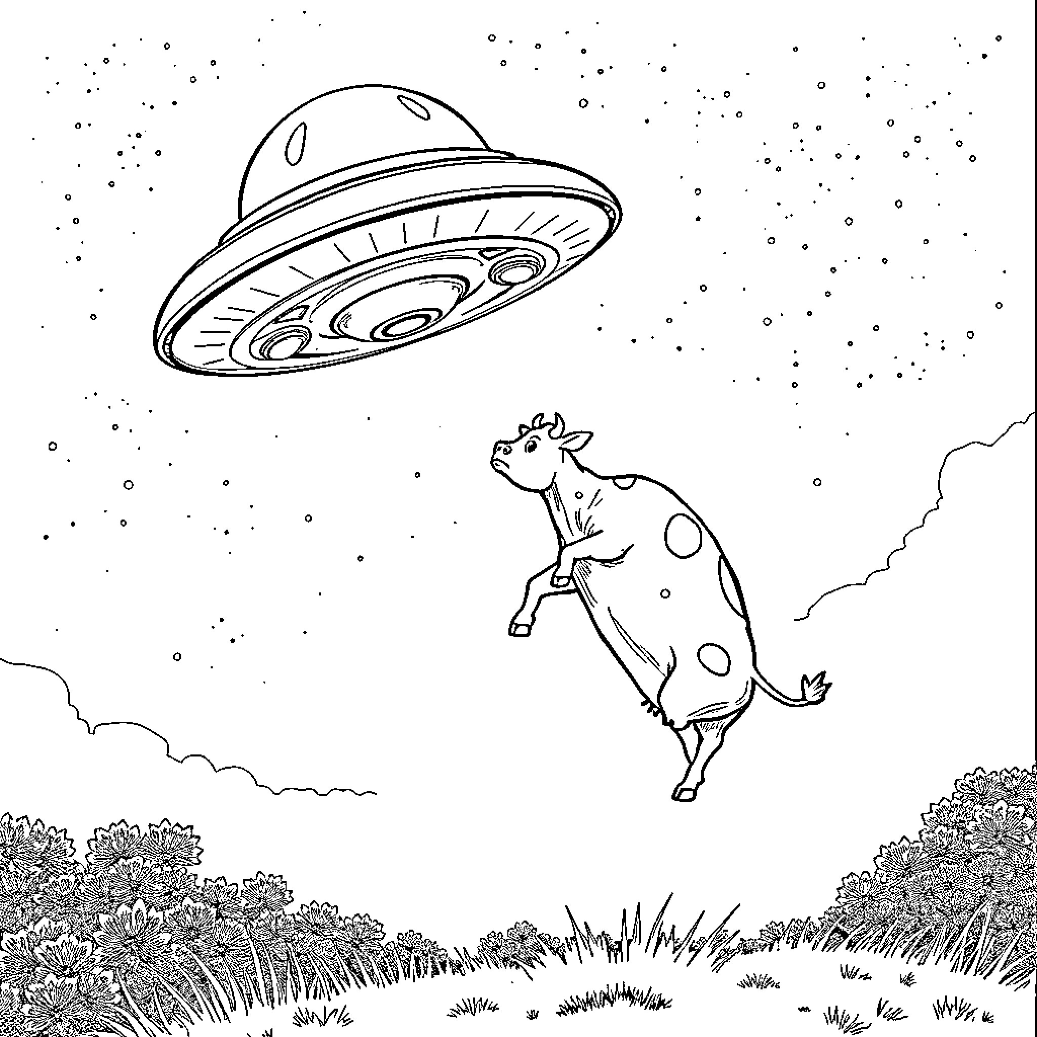 UFO observes startled cow in the night sky Coloring Page (free black-and-white line drawing printable PDF for all, from beginners to advanced learners, including children, teens, adults, and seniors)