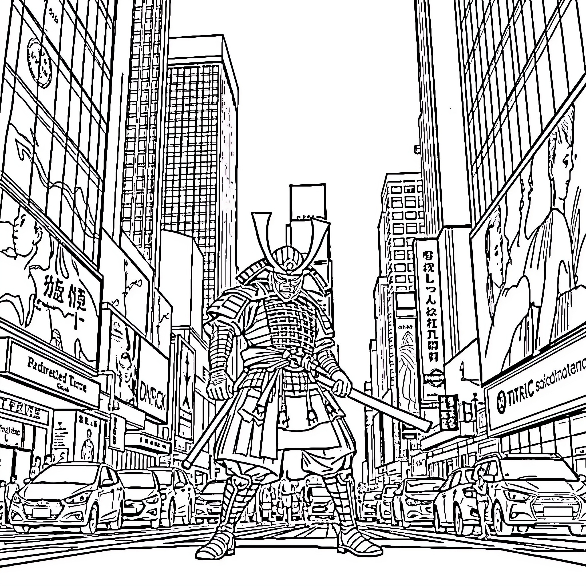 Samurai warrior stands tall in the bustling city Coloring Page (free black-and-white line drawing printable PDF for all, from beginners to advanced learners, including children, teens, adults, and seniors)