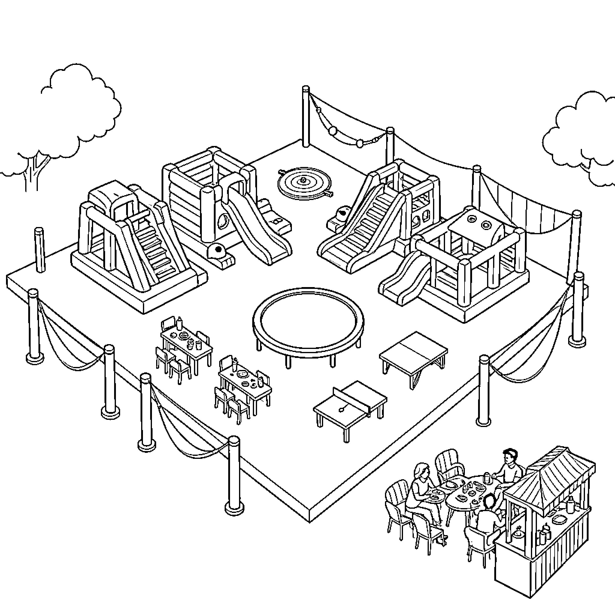 Parque Infantil with Various Playground Equipment and Seating Areas Coloring Page (free black-and-white line drawing printable PDF for all, from beginners to advanced learners, including children, teens, adults, and seniors)
