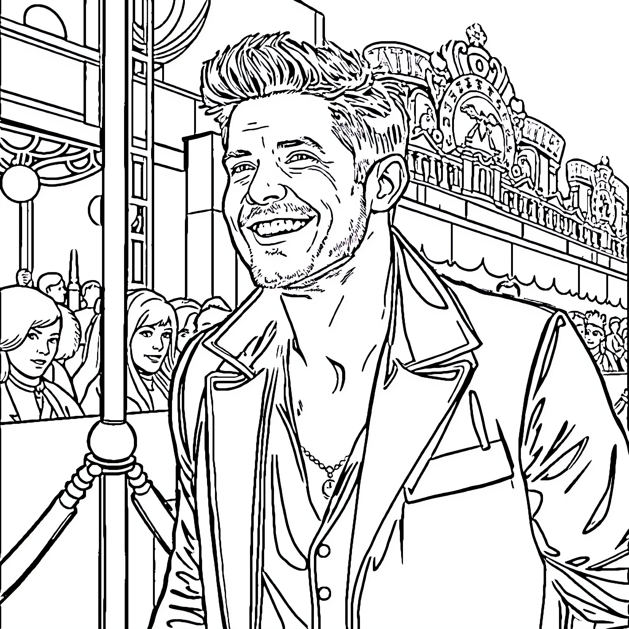 Jensen Ackles smiling and posing in a crowd scene Coloring Page (free black-and-white line drawing printable PDF for all, from beginners to advanced learners, including children, teens, adults, and seniors)