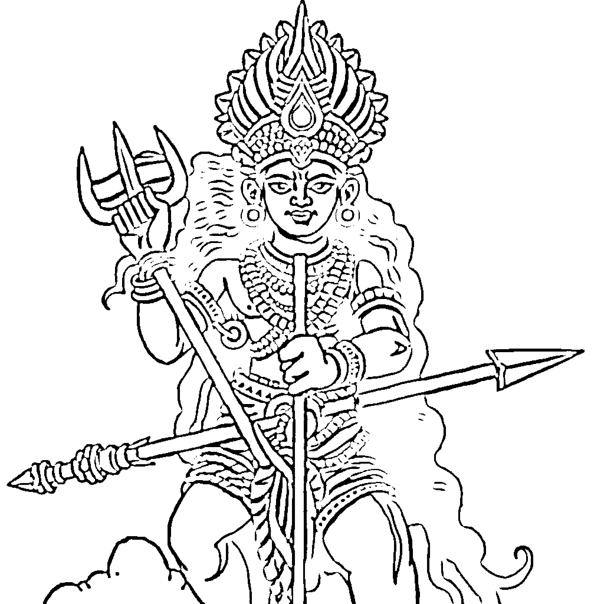 Murugan, the Hindu deity, with trident and ornamental attire Coloring Page (free black-and-white line drawing printable PDF for all, from beginners to advanced learners, including children, teens, adults, and seniors)