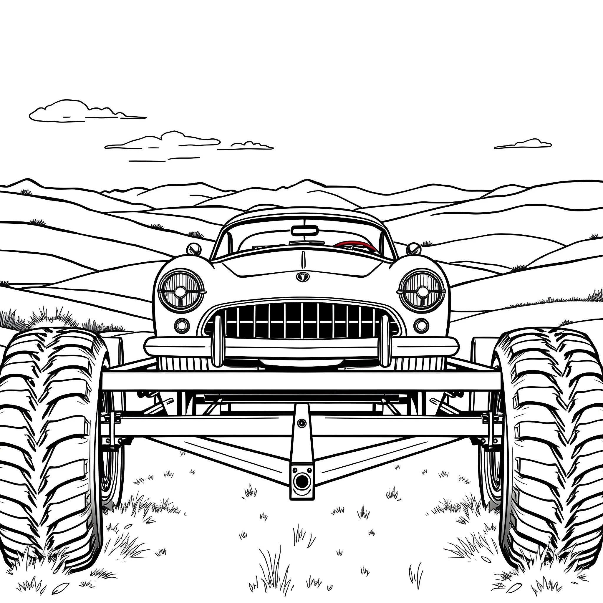 Car monster truck driving through rural landscape Coloring Page (free black-and-white line drawing printable PDF for all, from beginners to advanced learners, including children, teens, adults, and seniors)