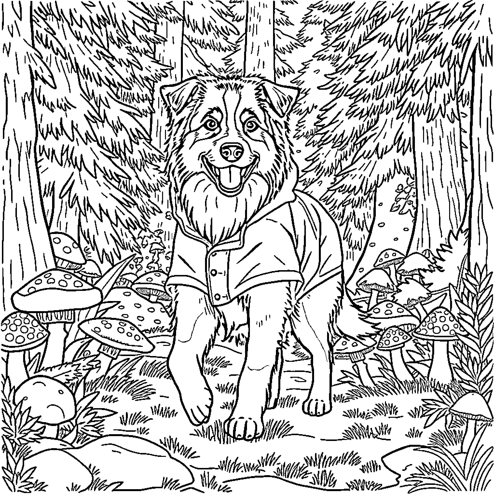 Dog exploring a magical forest Coloring Page (free black-and-white line drawing printable PDF for all, from beginners to advanced learners, including children, teens, adults, and seniors)