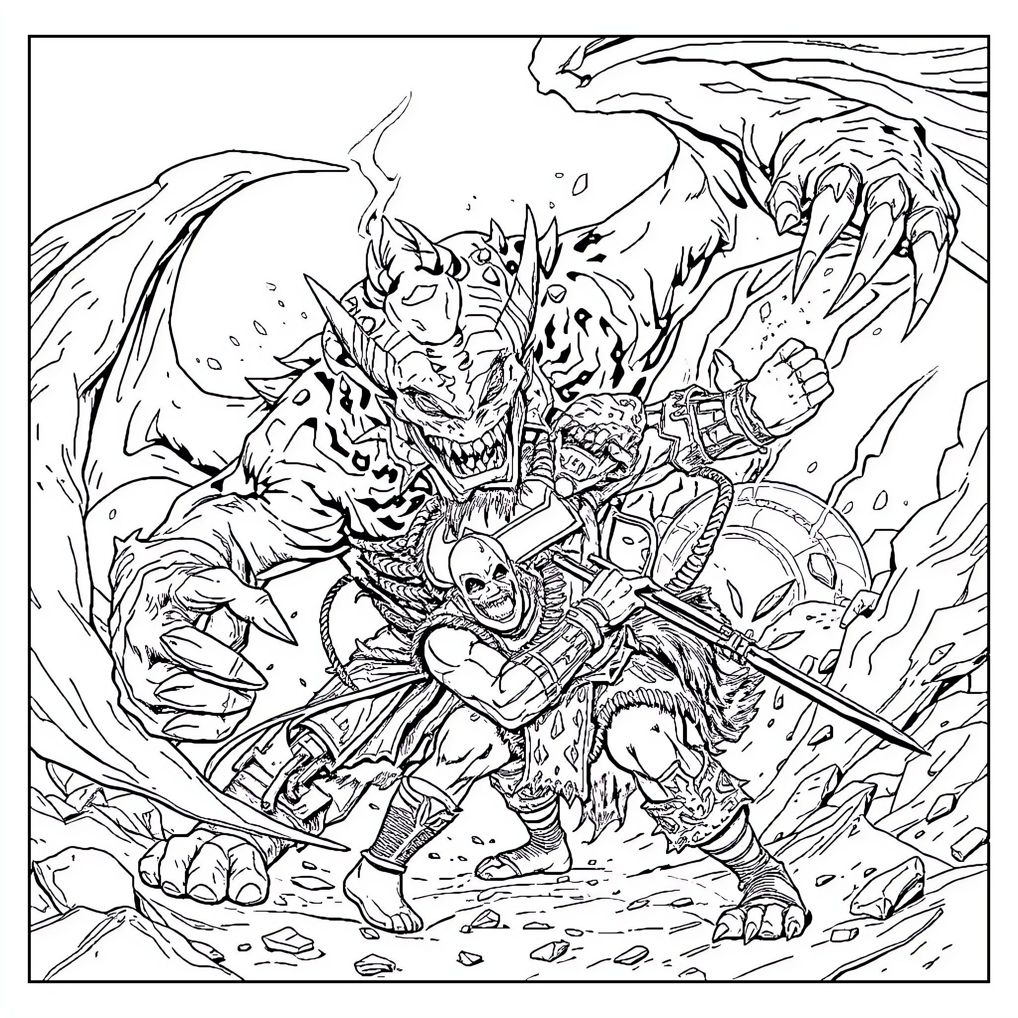 Kratos in an intense battle scene with monstrous creatures Coloring Page (free black-and-white line drawing printable PDF for all, from beginners to advanced learners, including children, teens, adults, and seniors)