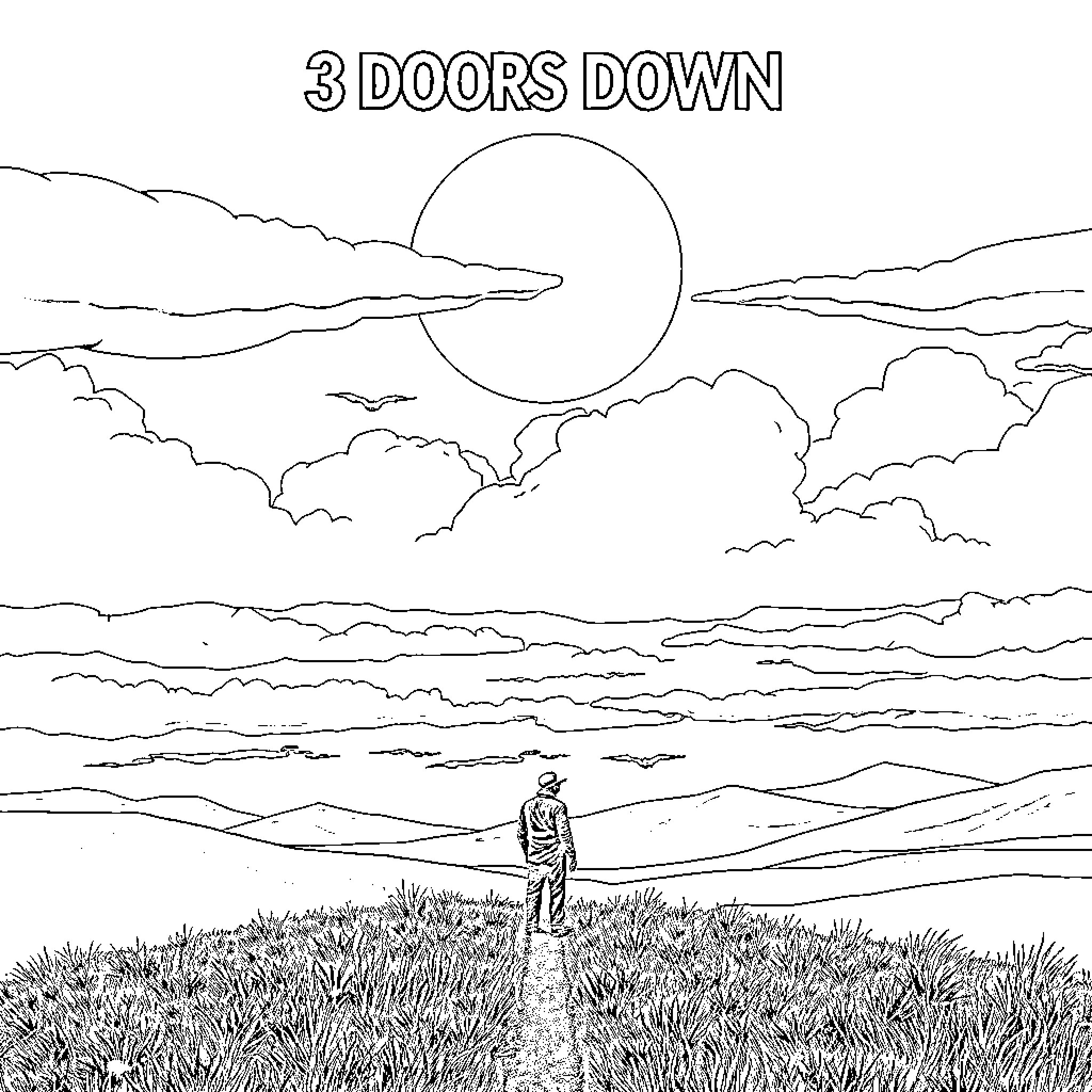 Door to a Serene Landscape at Sunset Coloring Page (free black-and-white line drawing printable PDF for all, from beginners to advanced learners, including children, teens, adults, and seniors)