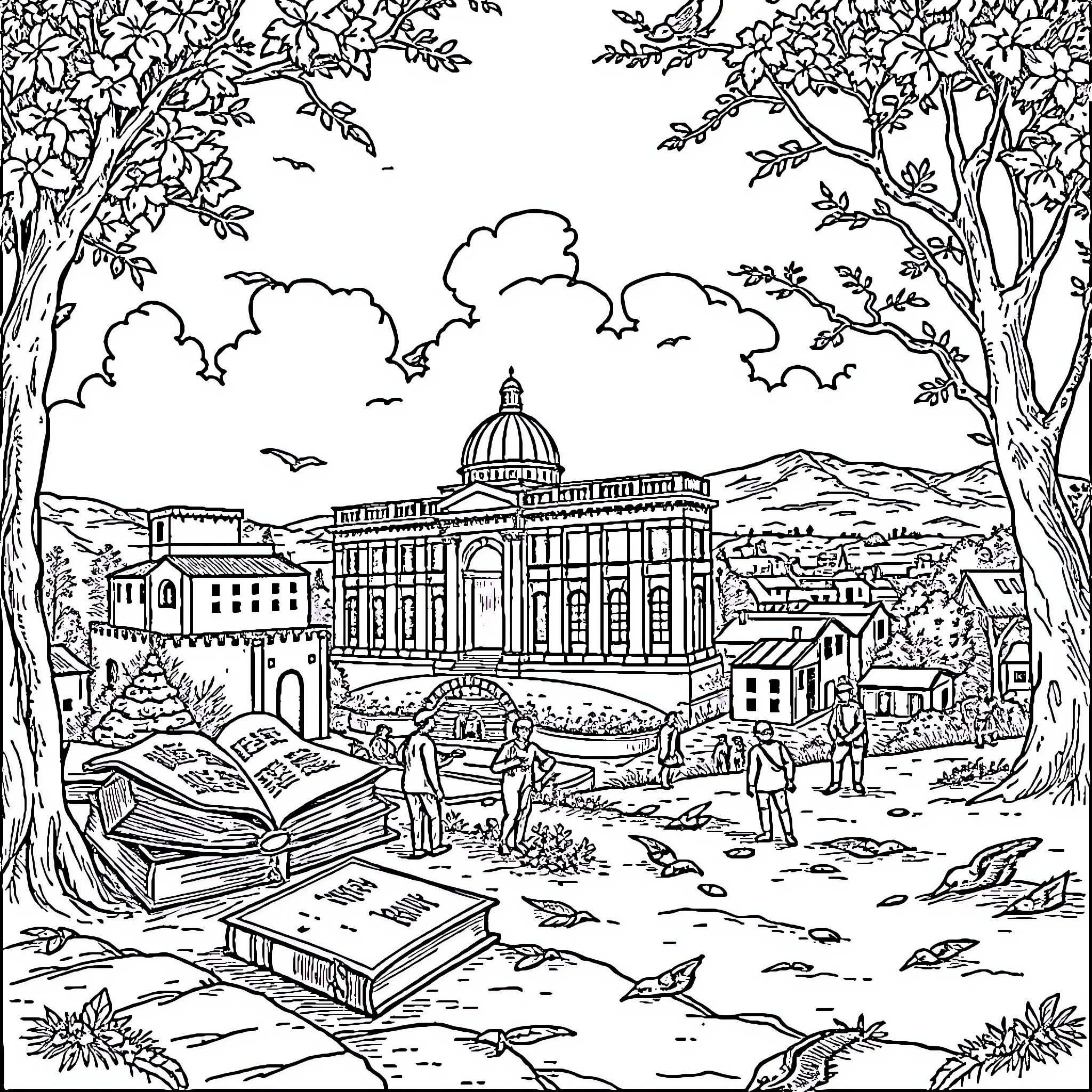 History and Geography of Rome's Historic City Coloring Page (free black-and-white line drawing printable PDF for all, from beginners to advanced learners, including children, teens, adults, and seniors)