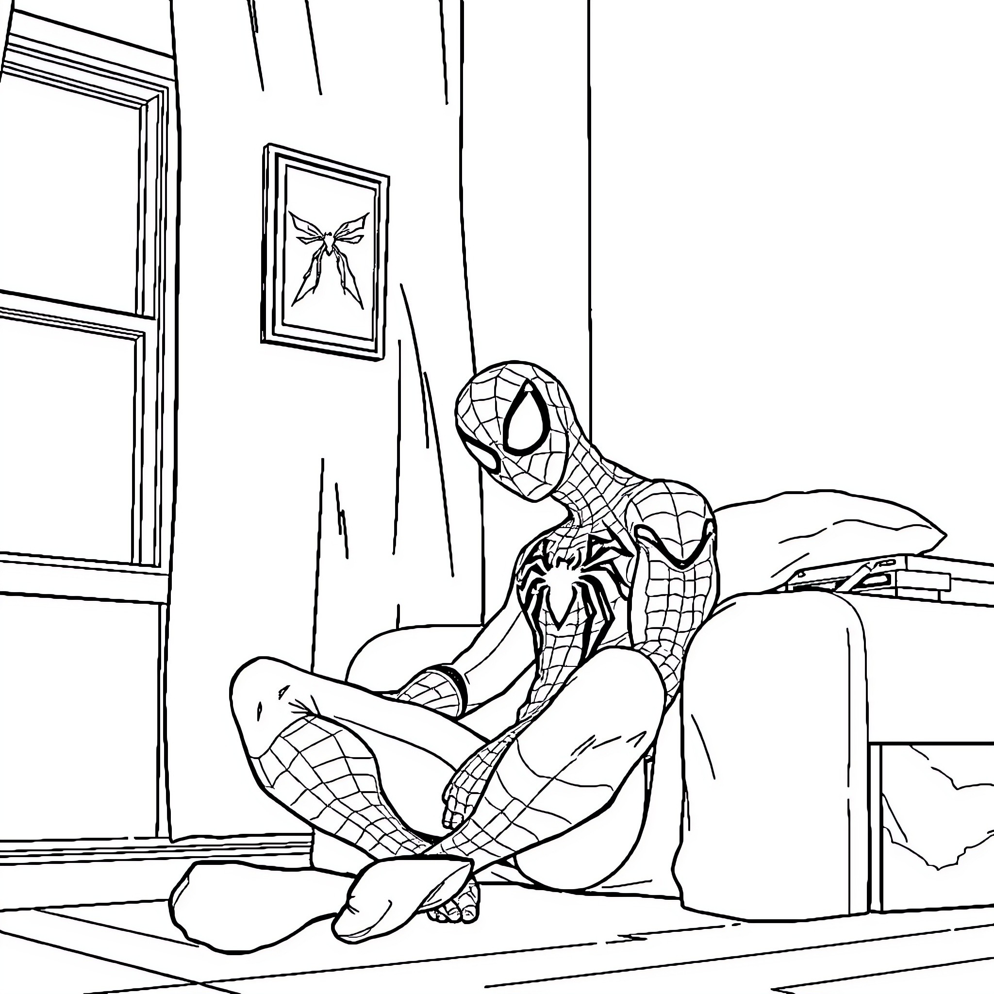 Spiderman crouches in contemplation within his room Coloring Page (free black-and-white line drawing printable PDF for all, from beginners to advanced learners, including children, teens, adults, and seniors)