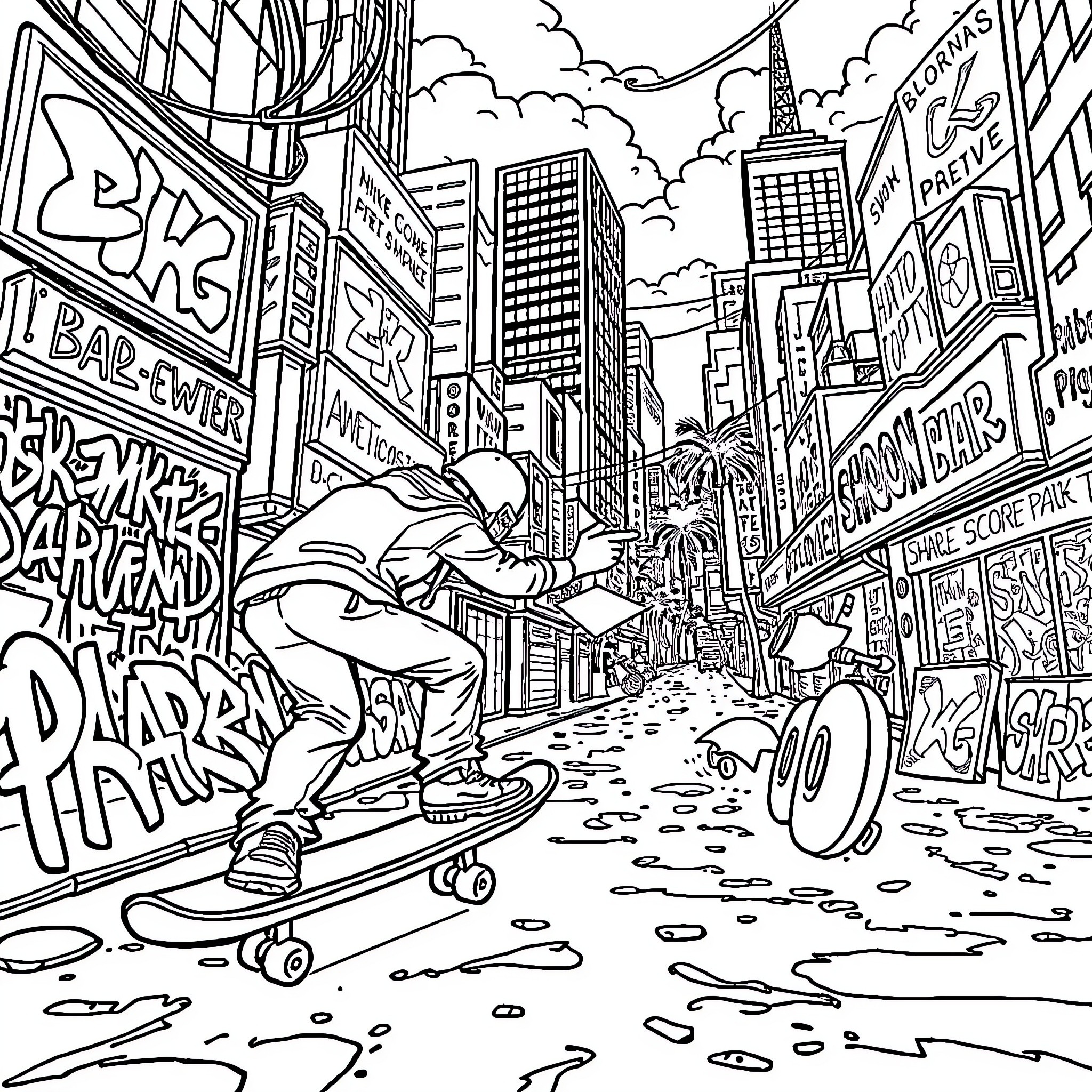 Jet Set Radio: Urban Skaters Explore Vibrant City Landscapes Coloring Page (free black-and-white line drawing printable PDF for all, from beginners to advanced learners, including children, teens, adults, and seniors)