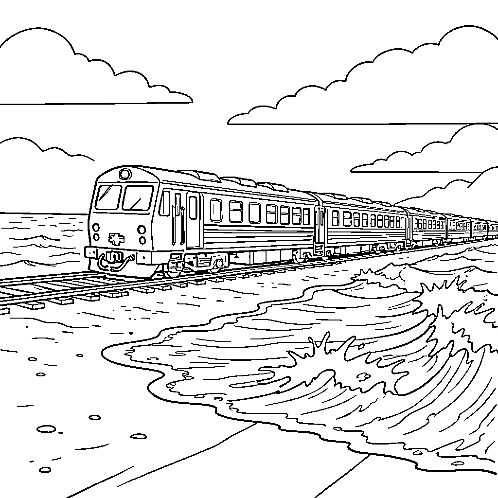 Train traveling along a coastal track near waves Coloring Page (free black-and-white line drawing printable PDF for all, from beginners to advanced learners, including children, teens, adults, and seniors)