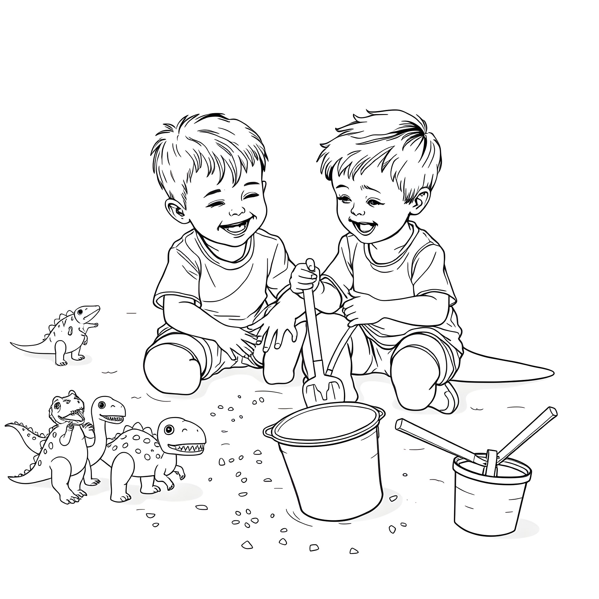 Dinosaur Toys Bring Joy to Children Playing in the Sand Coloring Page (free black-and-white line drawing printable PDF for all, from beginners to advanced learners, including children, teens, adults, and seniors)