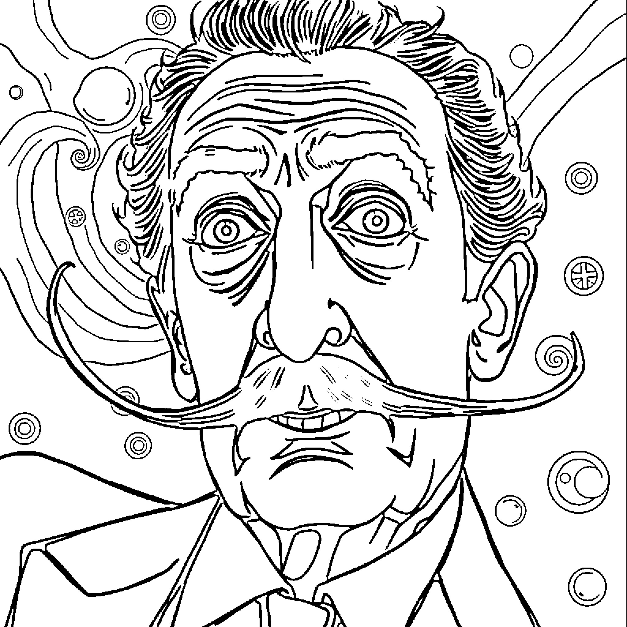 Salvador Dali's Eccentric Self-Portrait Coloring Page (free black-and-white line drawing printable PDF for all, from beginners to advanced learners, including children, teens, adults, and seniors)