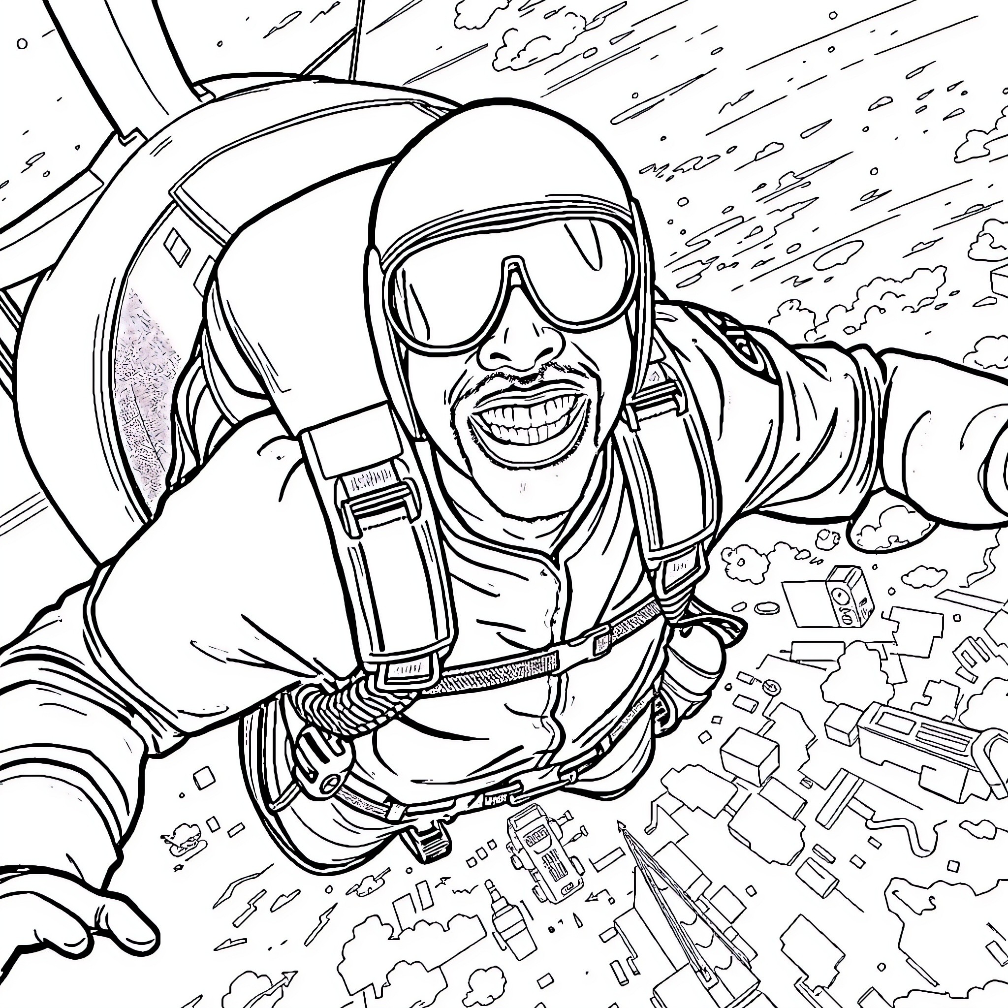 Kanye West skydiving through the clouds Coloring Page (free black-and-white line drawing printable PDF for all, from beginners to advanced learners, including children, teens, adults, and seniors)