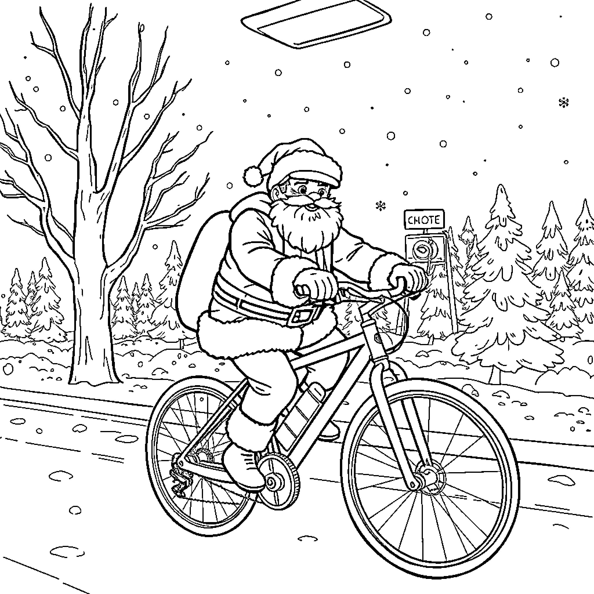 Santa Claus riding a bicycle in the snowy forest Coloring Page (free black-and-white line drawing printable PDF for all, from beginners to advanced learners, including children, teens, adults, and seniors)