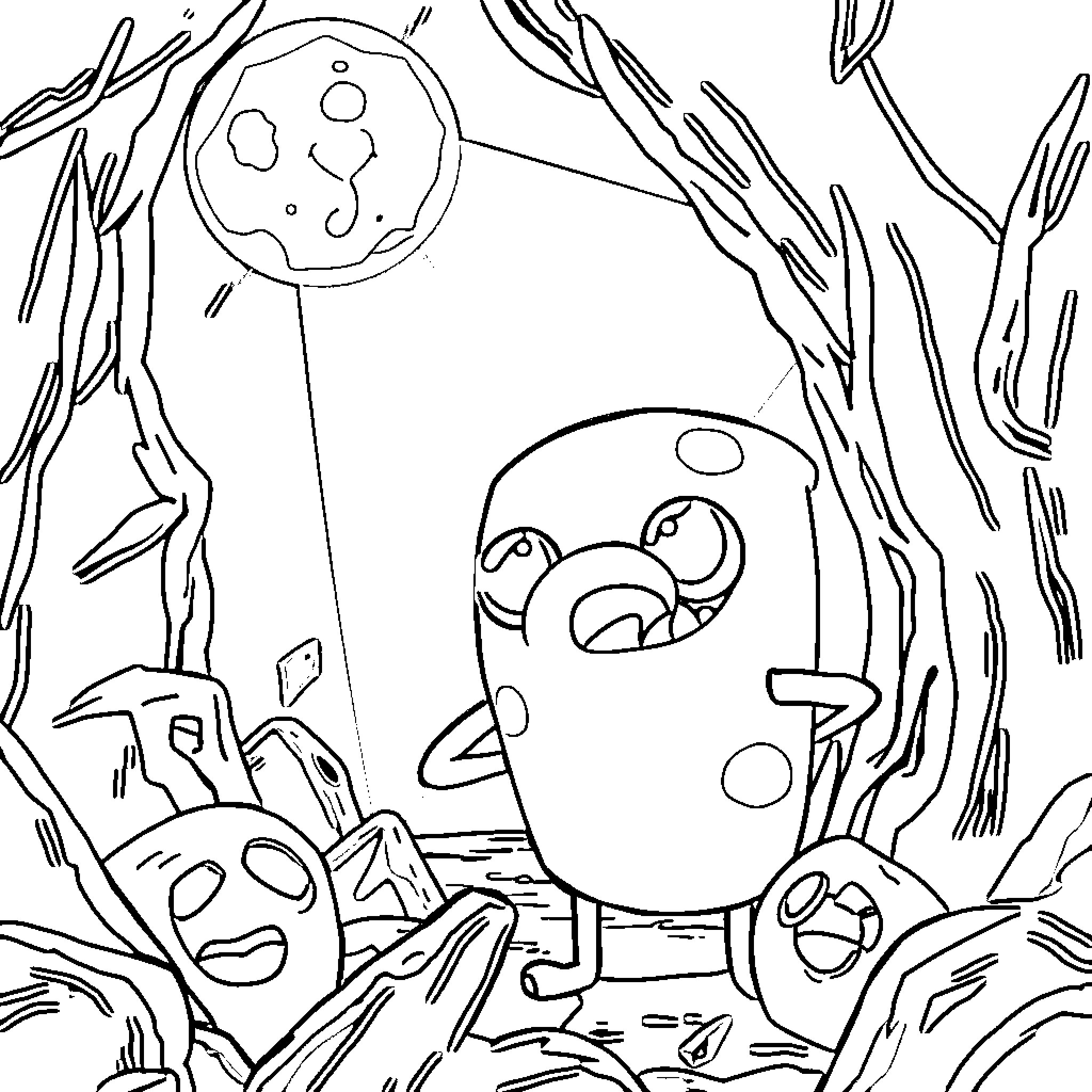 Jake's bizarre adventure in the strange forest Coloring Page (free black-and-white line drawing printable PDF for all, from beginners to advanced learners, including children, teens, adults, and seniors)