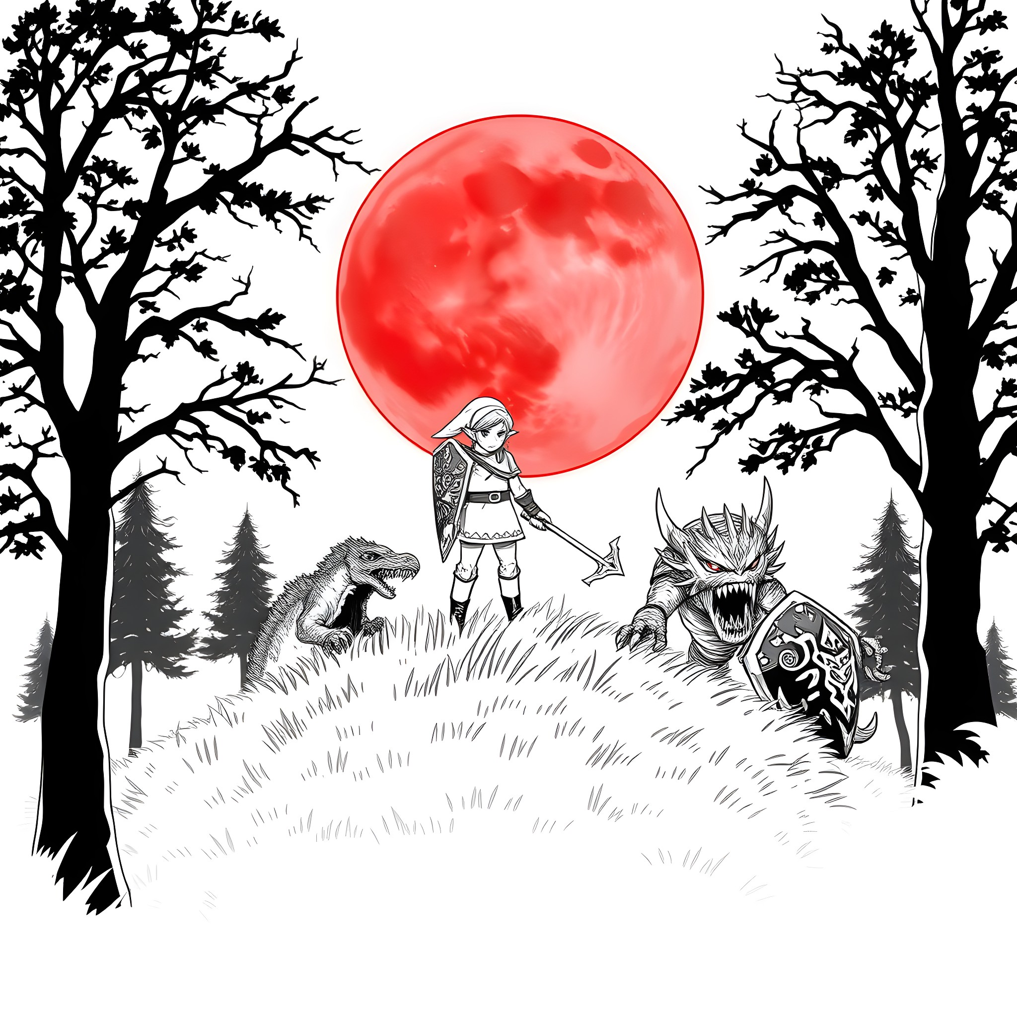 Link Facing Mythical Creatures Under Crimson Moon Coloring Page (free black-and-white line drawing printable PDF for all, from beginners to advanced learners, including children, teens, adults, and seniors)