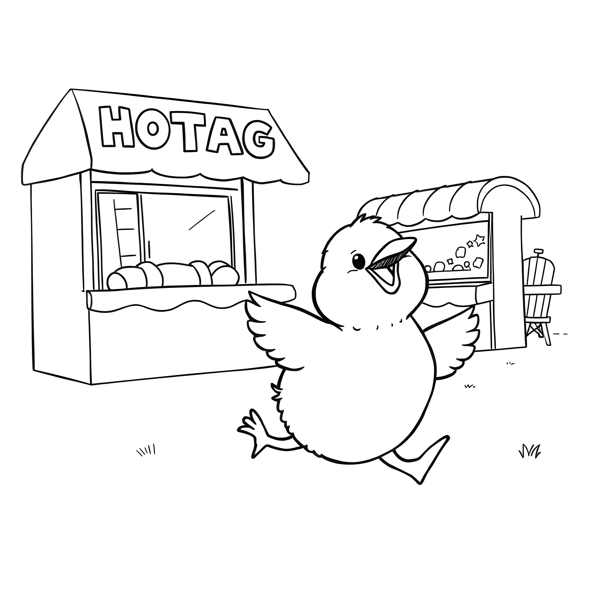 Chick running near hot dog stand Coloring Page (free black-and-white line drawing printable PDF for all, from beginners to advanced learners, including children, teens, adults, and seniors)
