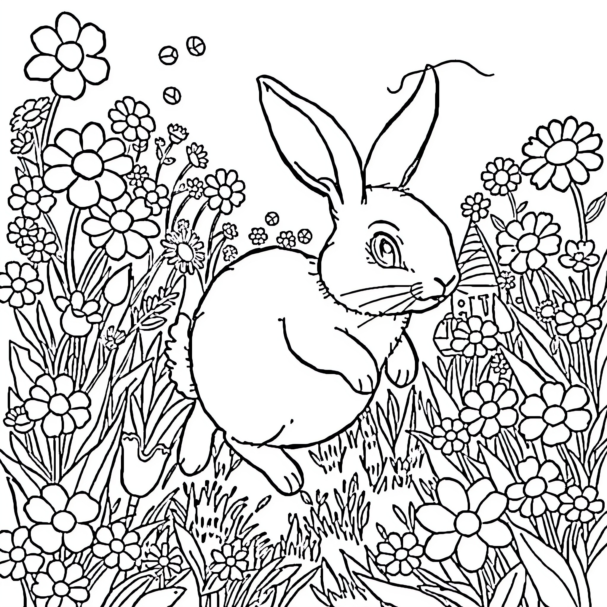 Animal in a floral garden Coloring Page (free black-and-white line drawing printable PDF for all, from beginners to advanced learners, including children, teens, adults, and seniors)