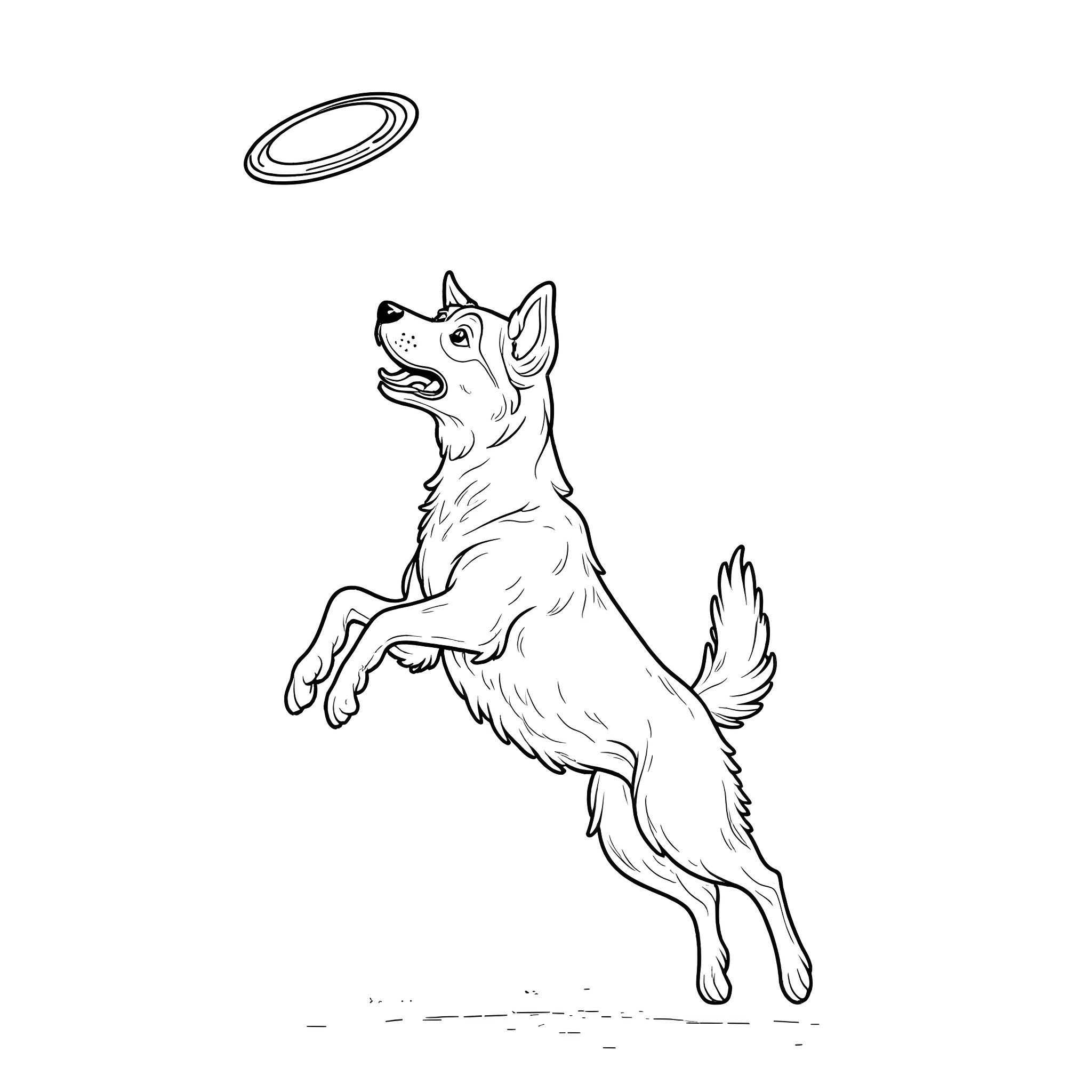 Australian Shepherd playing happily with a frisbee Coloring Page (free black-and-white line drawing printable PDF for all, from beginners to advanced learners, including children, teens, adults, and seniors)