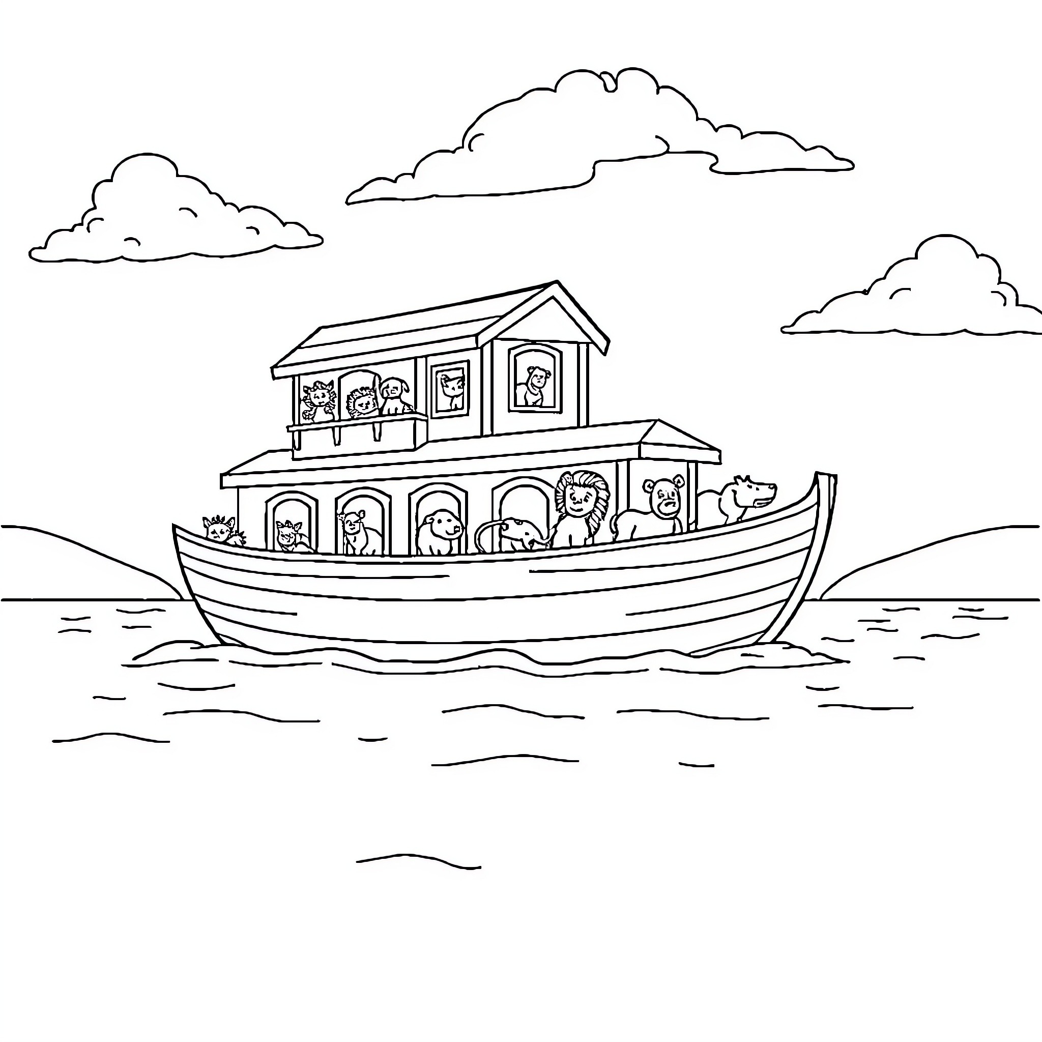 Noah's Ark with animals and people aboard Coloring Page (free black-and-white line drawing printable PDF for all, from beginners to advanced learners, including children, teens, adults, and seniors)