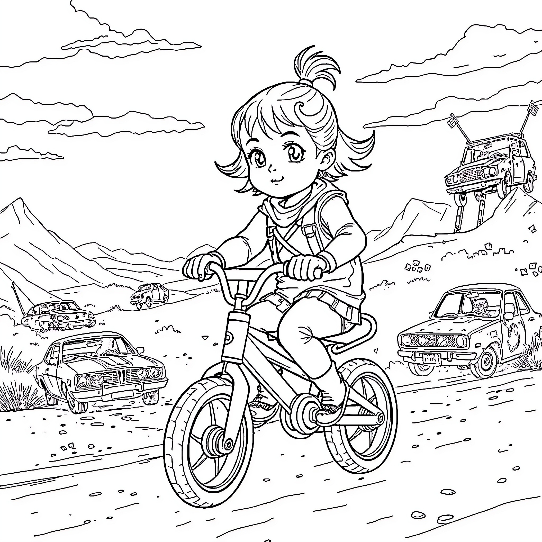 Baby Girl Riding Bicycle in Countryside Scene Coloring Page (free black-and-white line drawing printable PDF for all, from beginners to advanced learners, including children, teens, adults, and seniors)