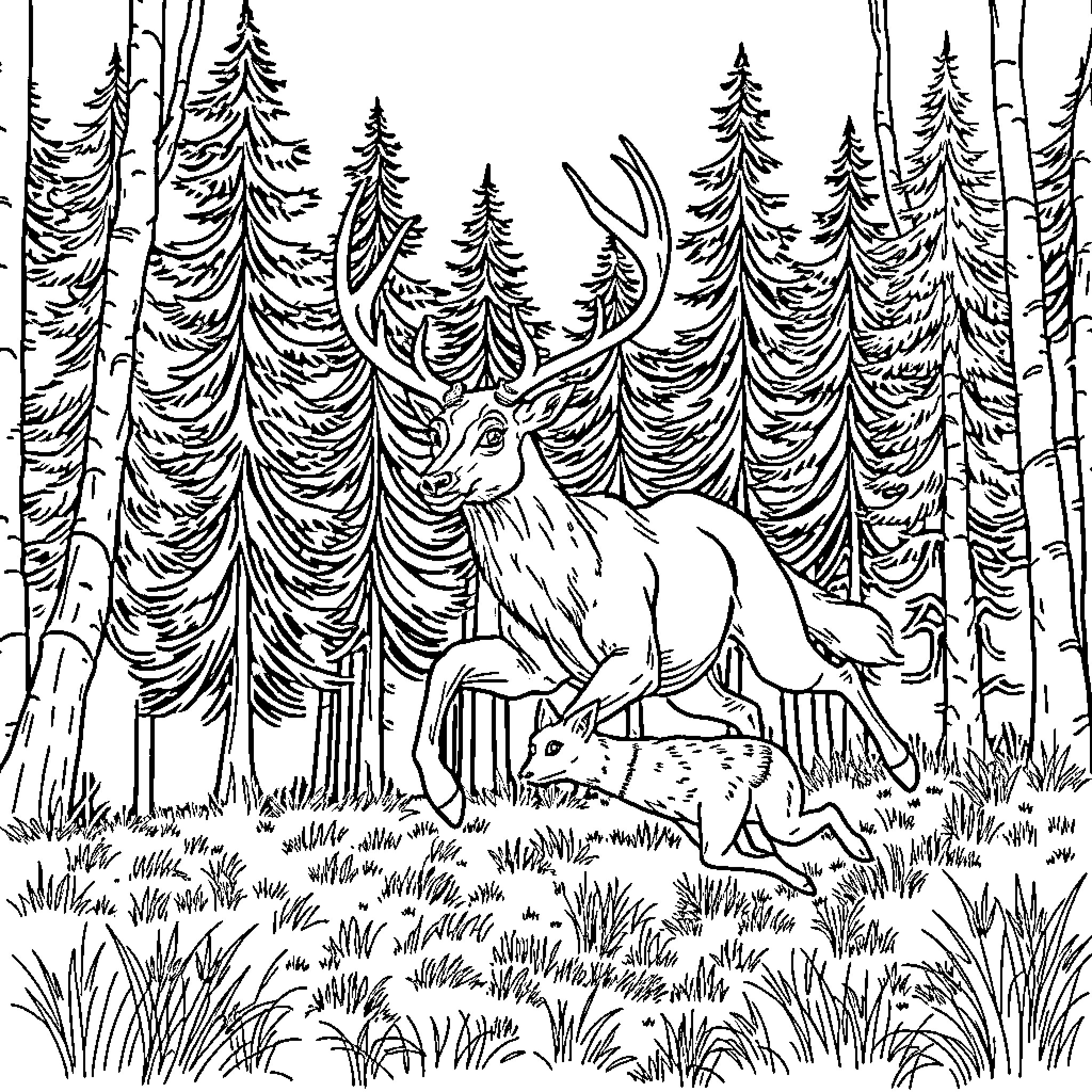 Deer resting peacefully in the forest Coloring Page (free black-and-white line drawing printable PDF for all, from beginners to advanced learners, including children, teens, adults, and seniors)