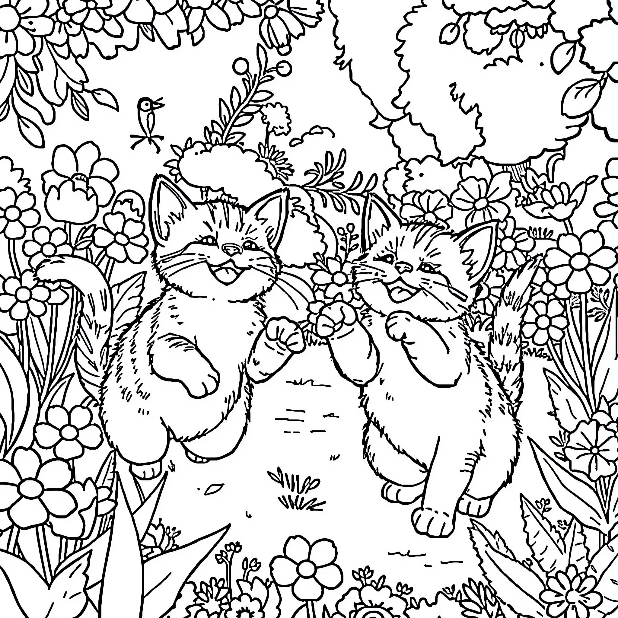 Kitten playing among colorful flowers Coloring Page (free black-and-white line drawing printable PDF for all, from beginners to advanced learners, including children, teens, adults, and seniors)