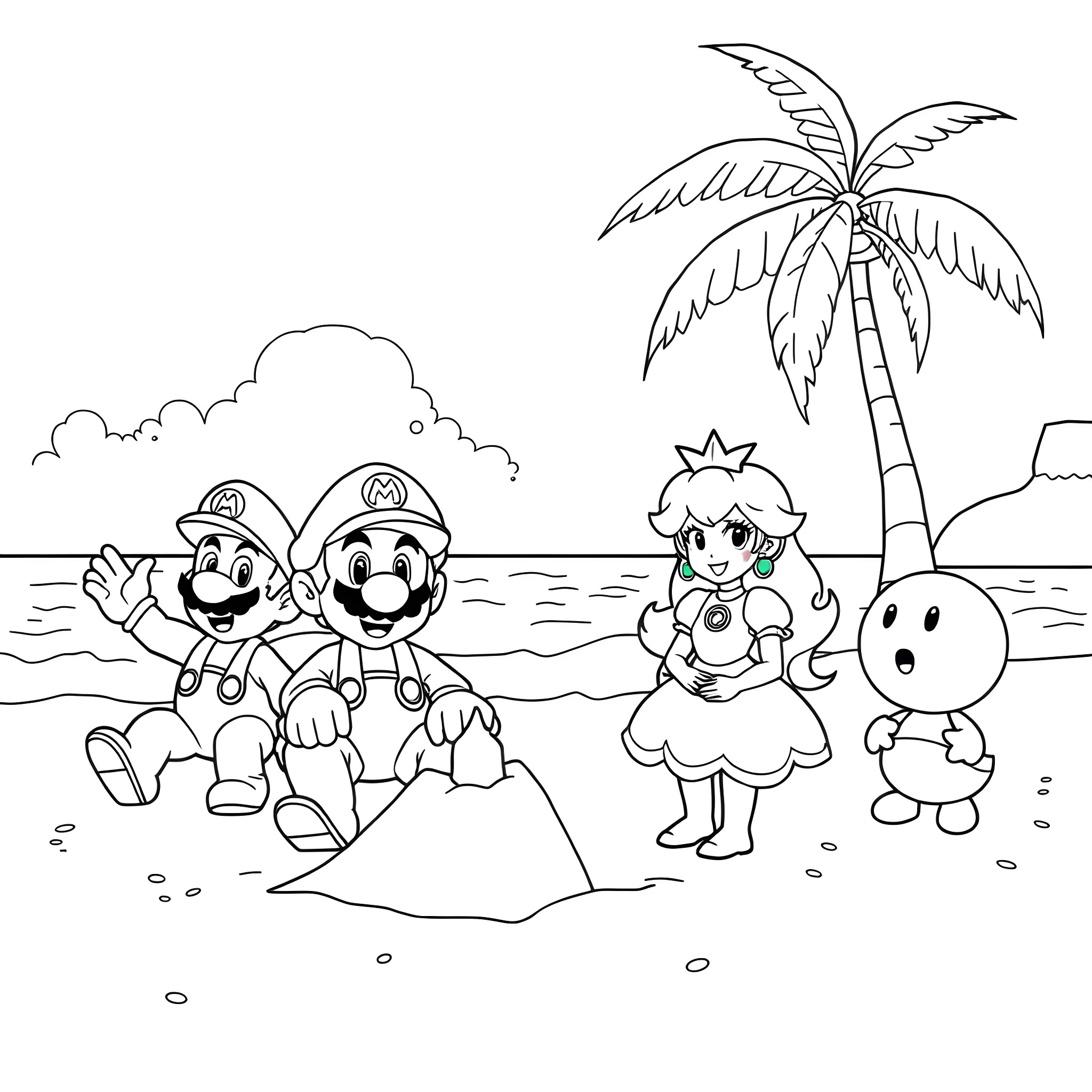 Super Mario characters in a tropical island scene Coloring Page (free black-and-white line drawing printable PDF for all, from beginners to advanced learners, including children, teens, adults, and seniors)
