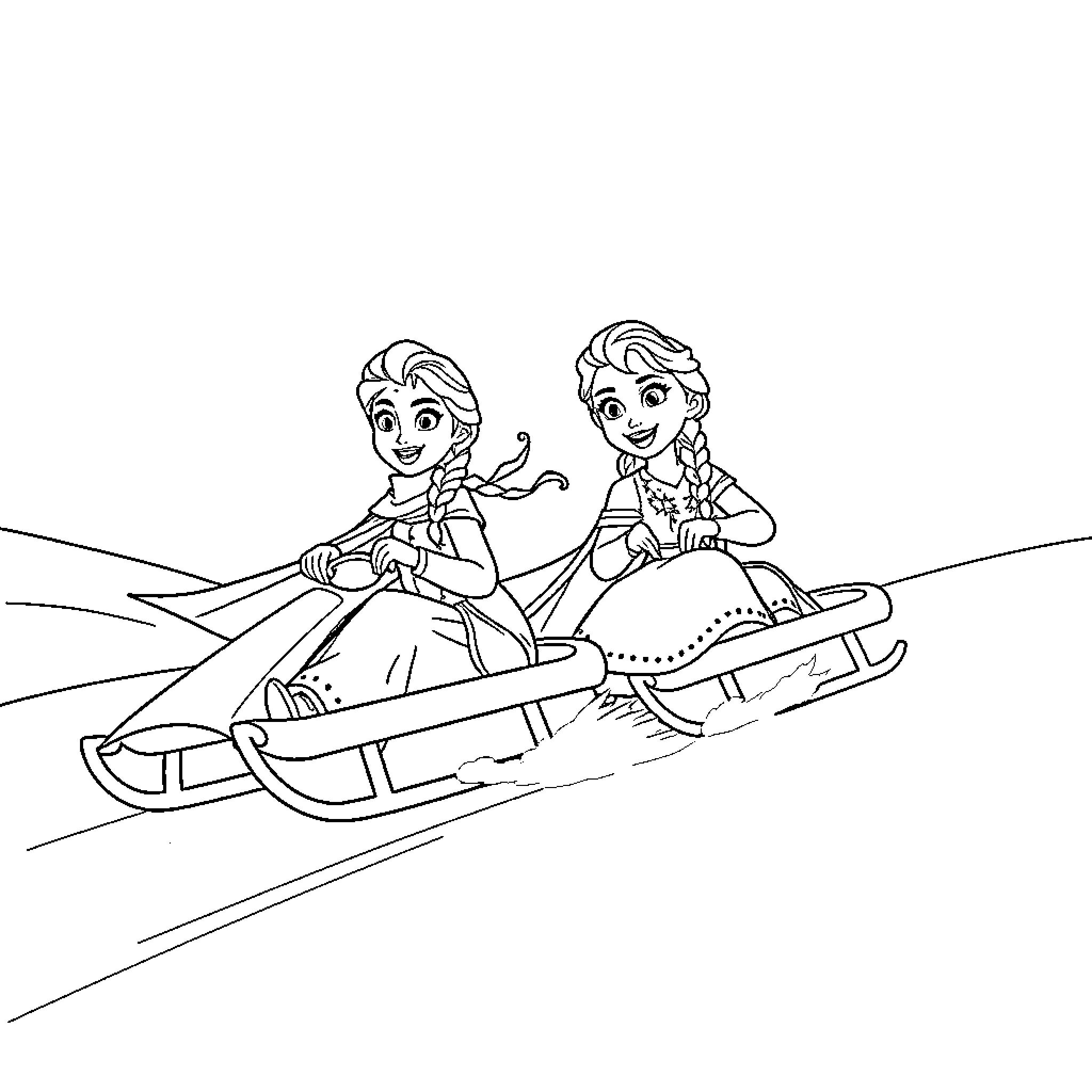 Elsa and Anna's Snowy Adventure Coloring Page (free black-and-white line drawing printable PDF for all, from beginners to advanced learners, including children, teens, adults, and seniors)