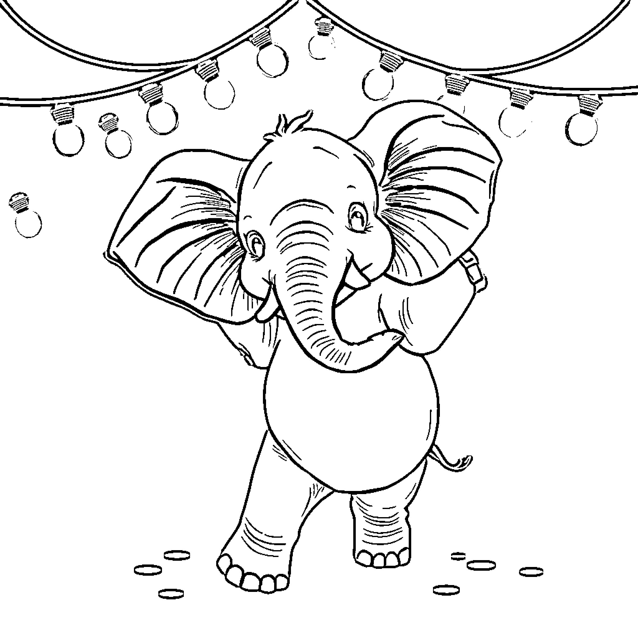 Elephant playing joyfully under festive lights Coloring Page (free black-and-white line drawing printable PDF for all, from beginners to advanced learners, including children, teens, adults, and seniors)