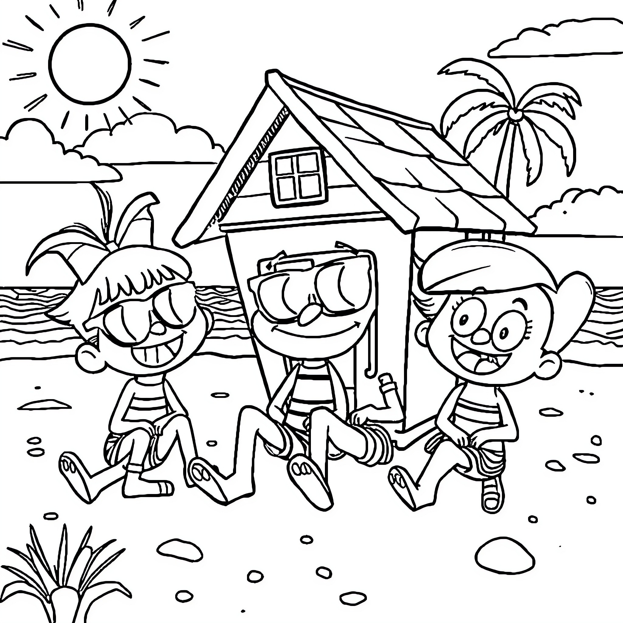 Loud House characters on a sunny beach Coloring Page (free black-and-white line drawing printable PDF for all, from beginners to advanced learners, including children, teens, adults, and seniors)