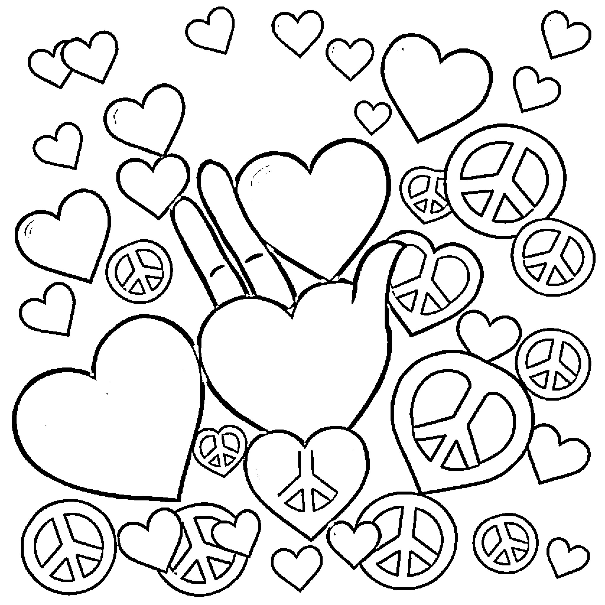 Heart-shaped Harmony: Peace and Love Coloring Page (free black-and-white line drawing printable PDF for all, from beginners to advanced learners, including children, teens, adults, and seniors)