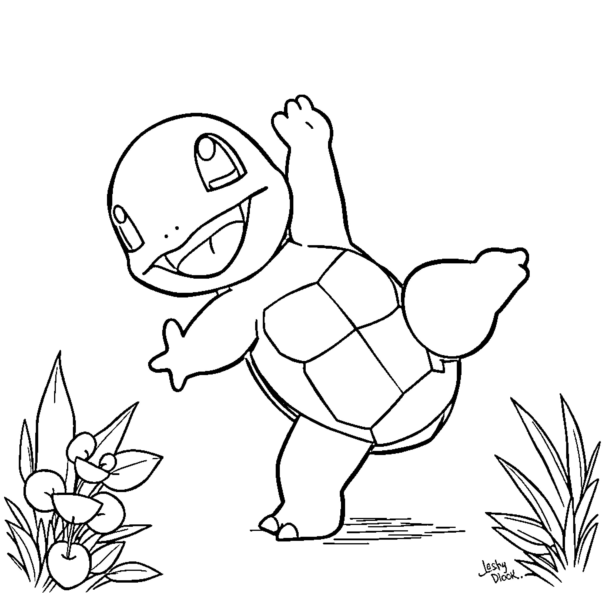Squirtle dancing joyfully in nature Coloring Page (free black-and-white line drawing printable PDF for all, from beginners to advanced learners, including children, teens, adults, and seniors)
