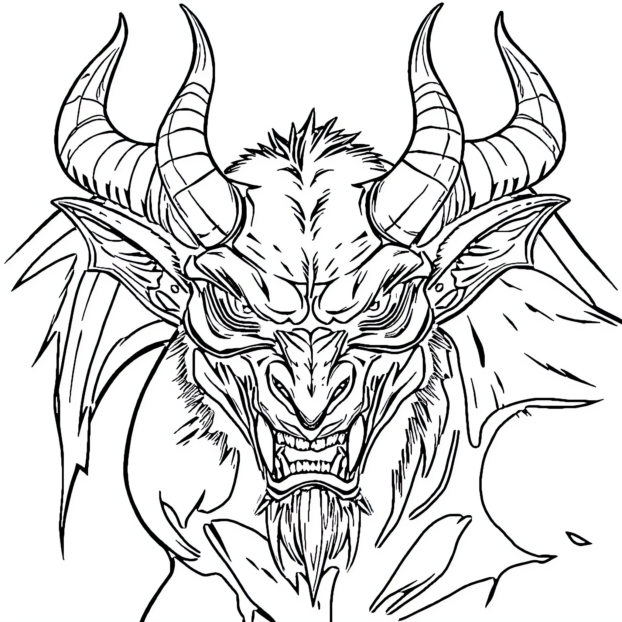 Demon with Fierce Horns and Fangs Coloring Page (free black-and-white line drawing printable PDF for all, from beginners to advanced learners, including children, teens, adults, and seniors)