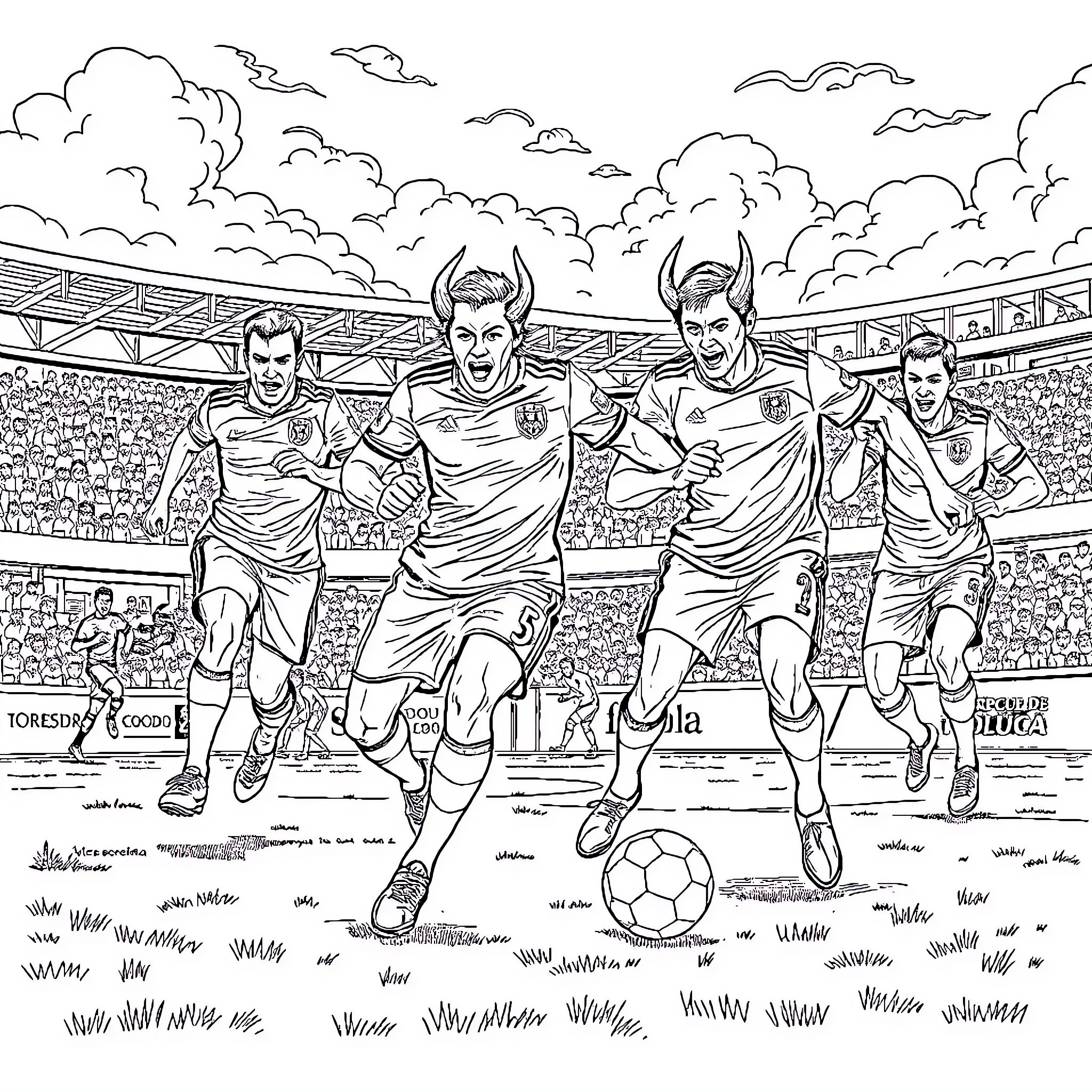 Diablos Rojos: Football Players in Action on the Field Coloring Page (free black-and-white line drawing printable PDF for all, from beginners to advanced learners, including children, teens, adults, and seniors)