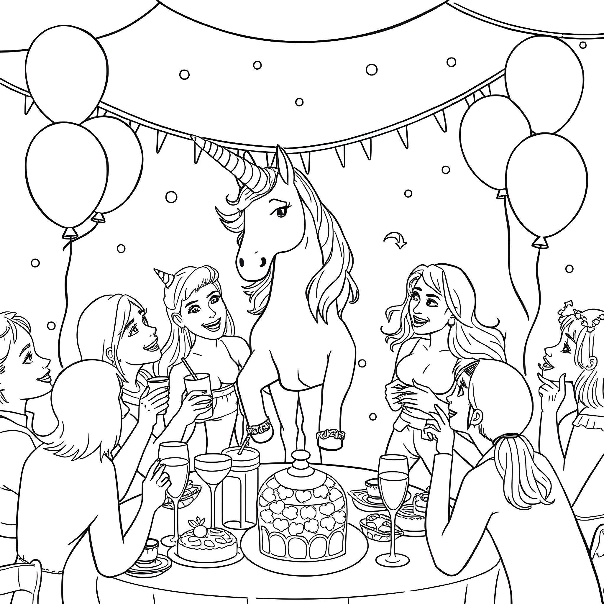 Unicorn attending a colorful party with friends Coloring Page (free black-and-white line drawing printable PDF for all, from beginners to advanced learners, including children, teens, adults, and seniors)