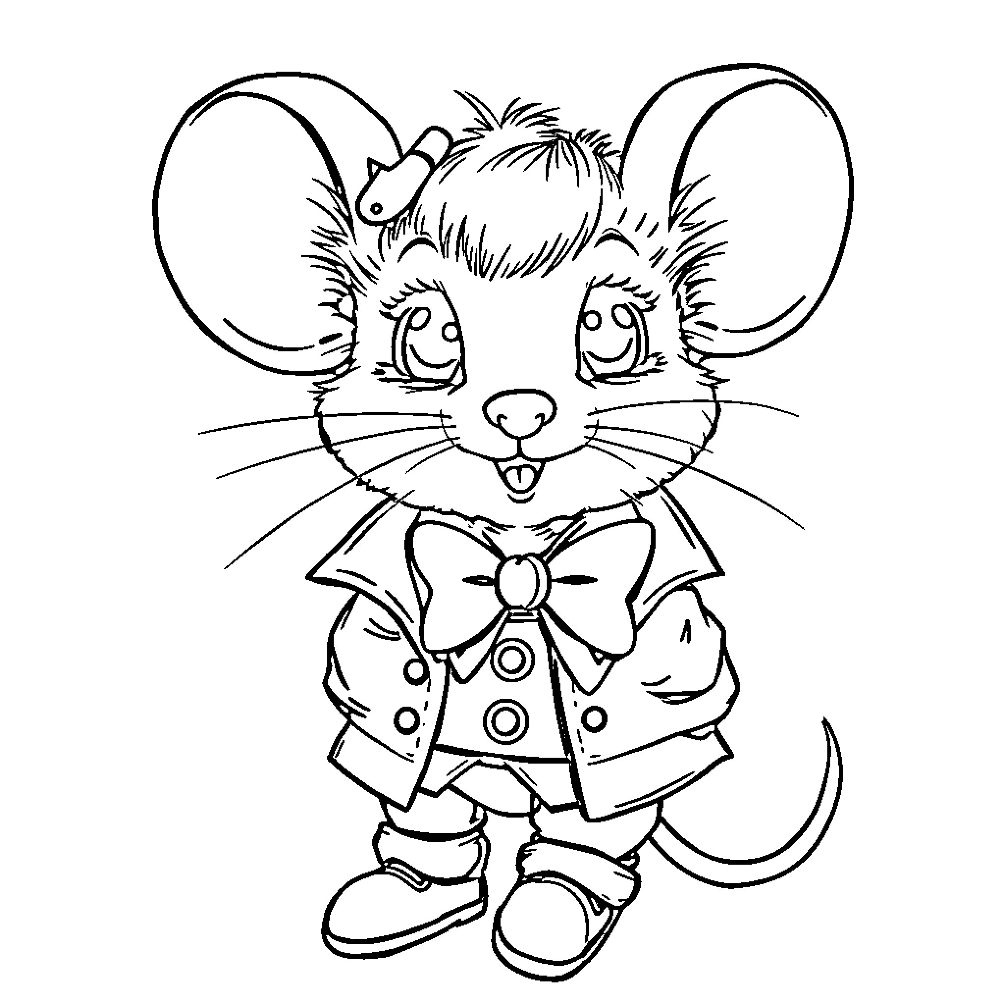 Mini Mouse in Fancy Outfit Posing Cheerfully Coloring Page (free black-and-white line drawing printable PDF for all, from beginners to advanced learners, including children, teens, adults, and seniors)